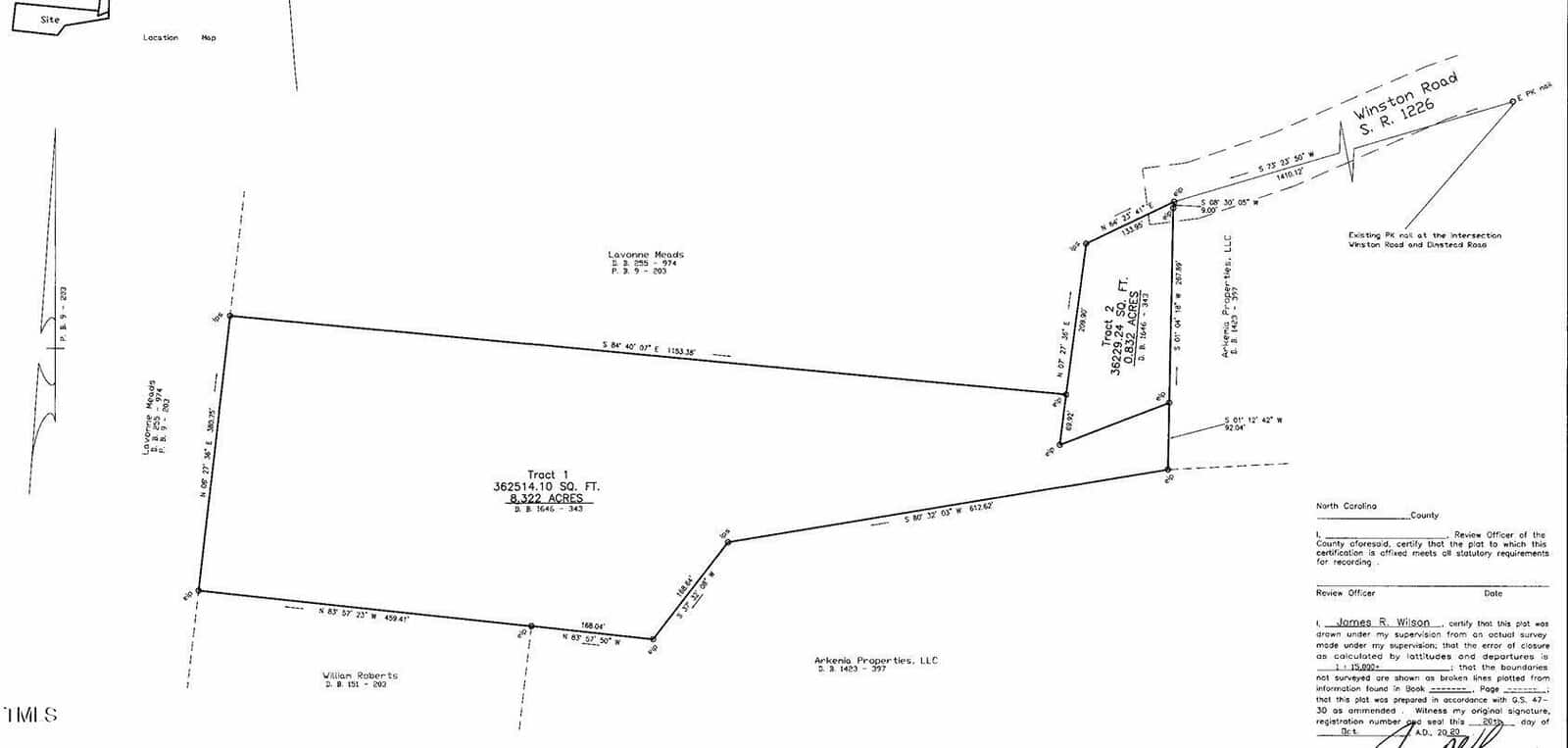 A black and white property survey map shows land boundaries, measurements, labels for adjacent roads and properties, and notations for easements and survey details. North is indicated at the top left corner of the image.