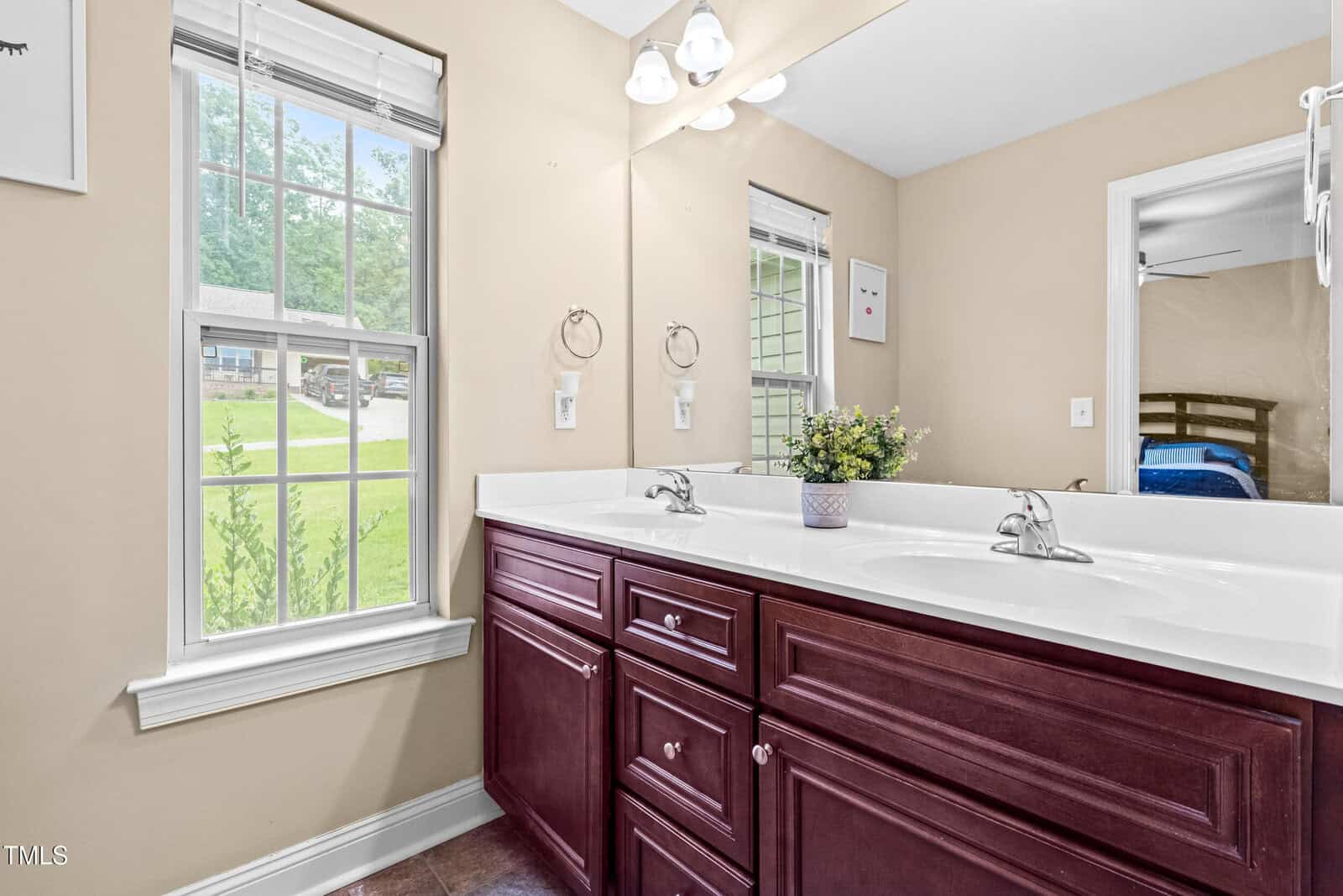 Bathroom with a double sink vanity, wooden cabinets, a potted plant, and a large mirror above. Natural light comes in from a window showing a green yard and street outside.