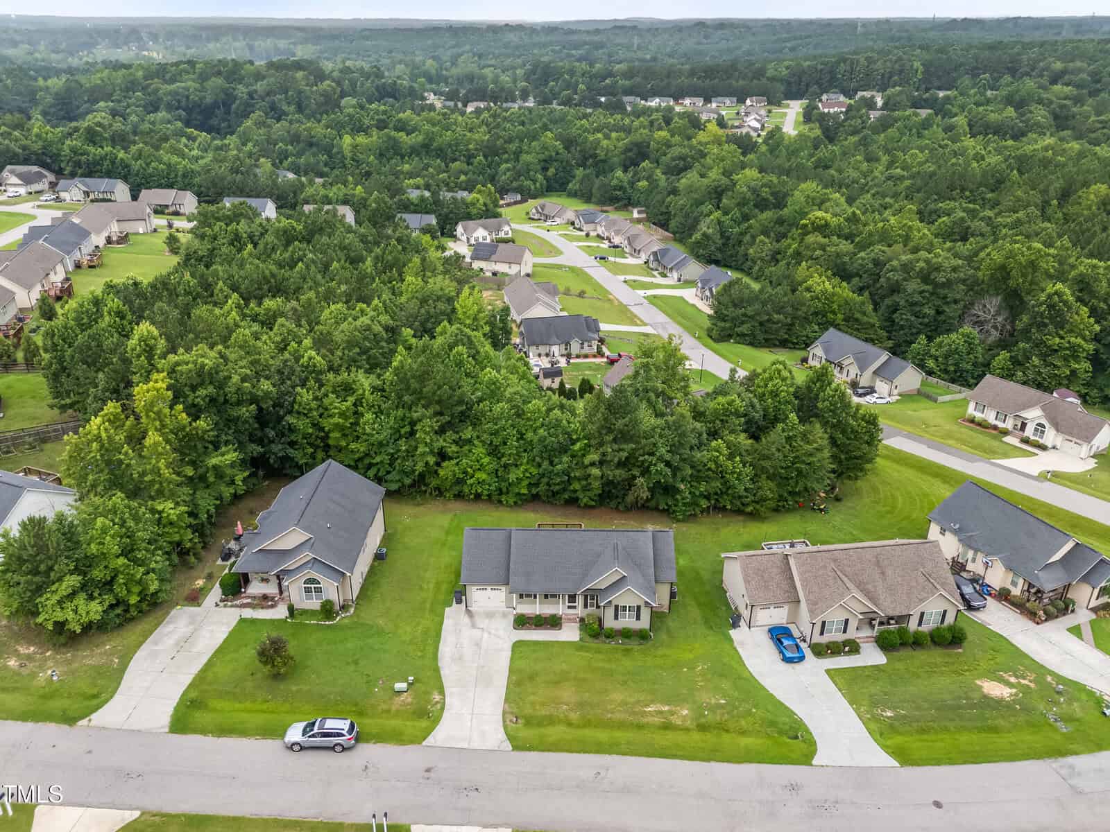 Aerial view of a suburban neighborhood with single-family homes, driveways, cars parked, and a dense tree line separating two rows of houses; surrounding area is lush and green with more homes and trees in the distance.
