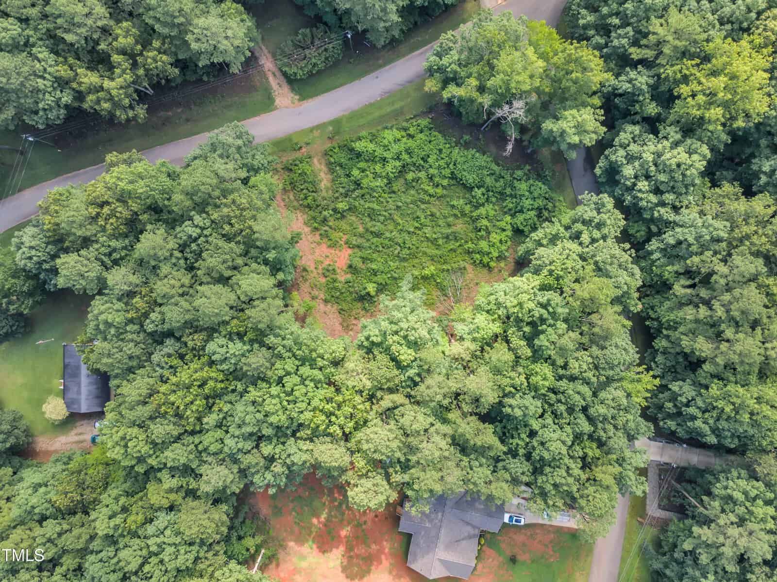 Aerial view of a tree-covered lot bordered by roads on two sides, with a few houses partially visible among the dense greenery and open grassy areas.