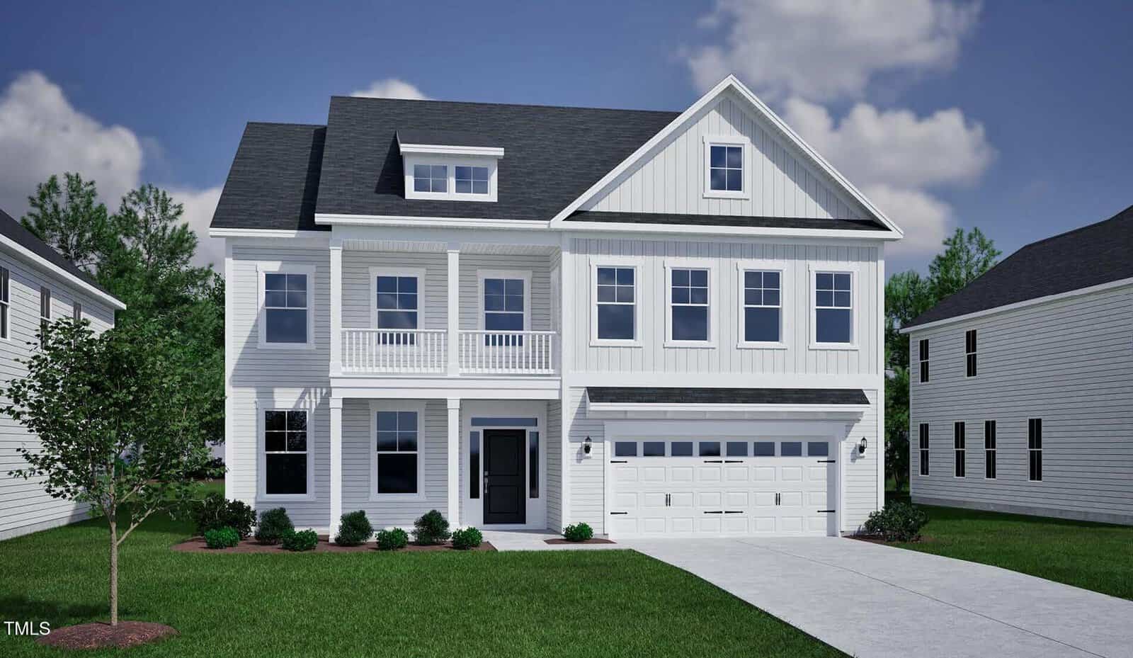 A two-story white house with black roof shingles sits proudly at 35 New Liberty Drive, Youngsville. Featuring a double garage, covered porch, upper balcony, and multiple windows, this beautiful home also boasts a driveway, grass lawn, small bushes, and a young tree in the front yard.