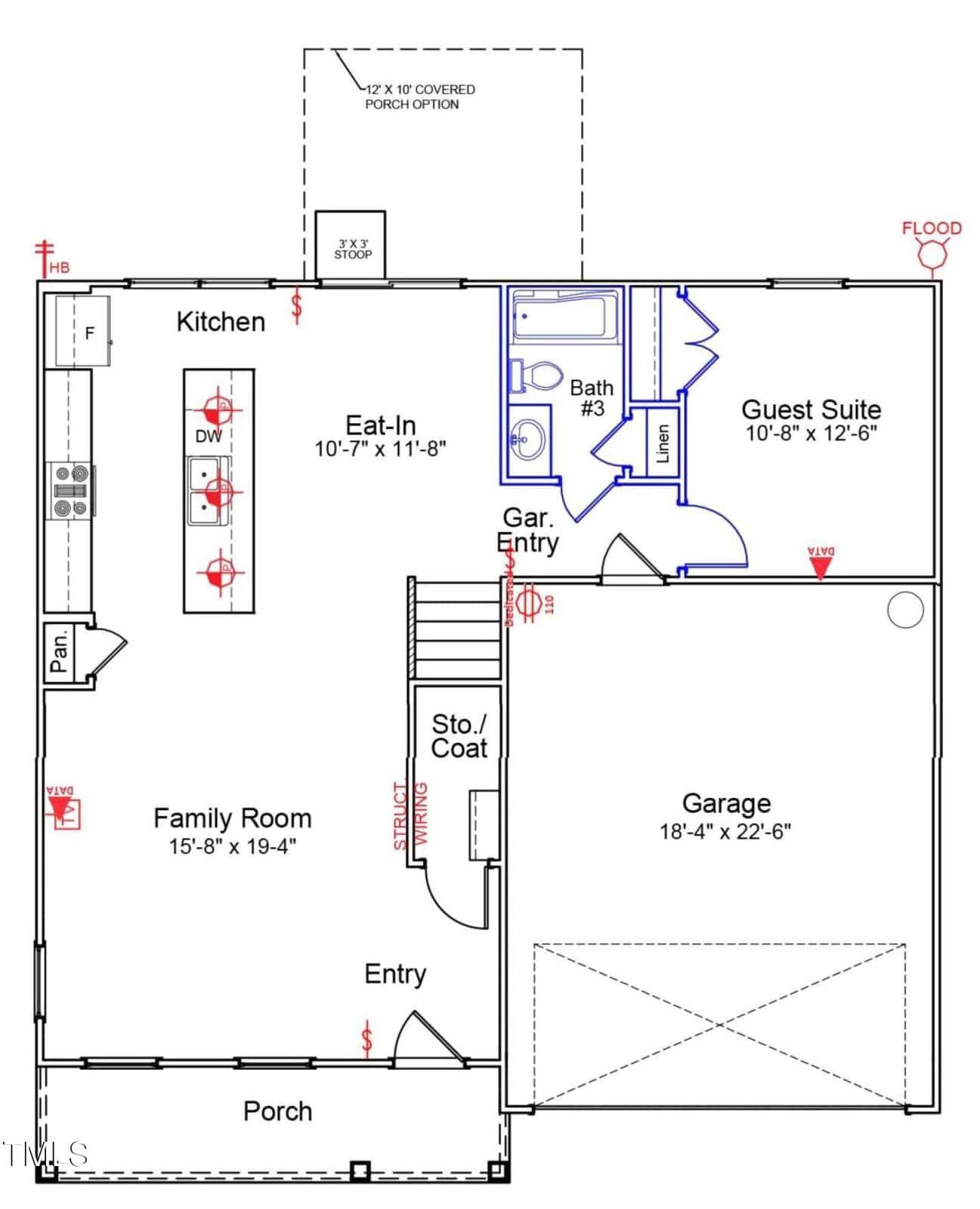 First floor house plan shows a family room, kitchen, eat-in area, guest suite, full bath, storage/coat closet, garage, covered porch, and entryways; doorways and appliances are labeled.
