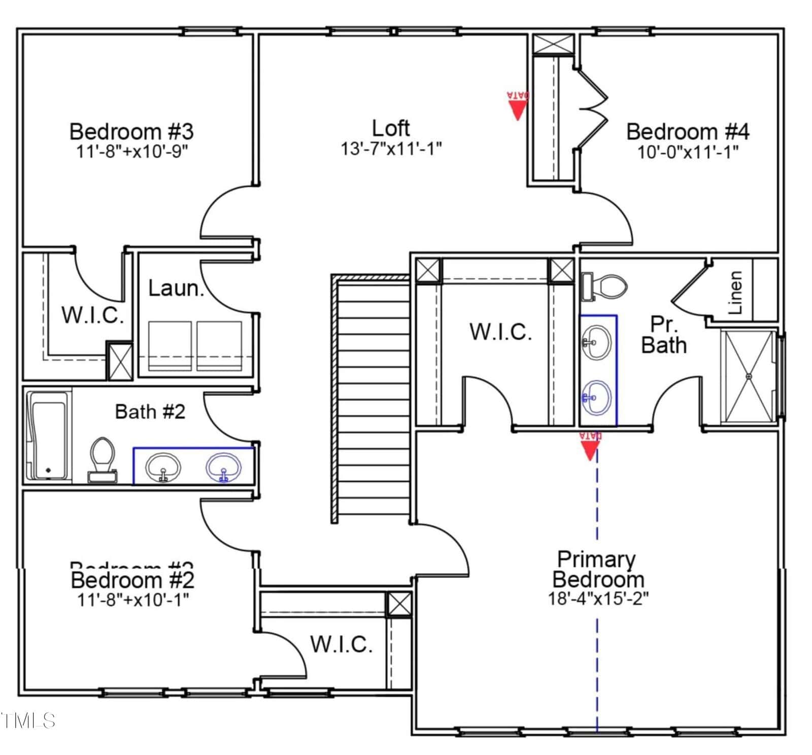 Second floor house plan with four bedrooms, a loft, two bathrooms, laundry room, multiple walk-in closets, and a central staircase. The primary bedroom includes an en suite bath and a large walk-in closet.