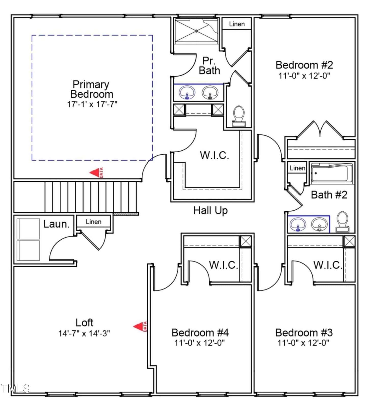 Second floor house plan with four bedrooms, a loft, two full bathrooms, one half bath, laundry area, and multiple closets, including three walk-in closets. Stairs are shown on the left side of the layout.