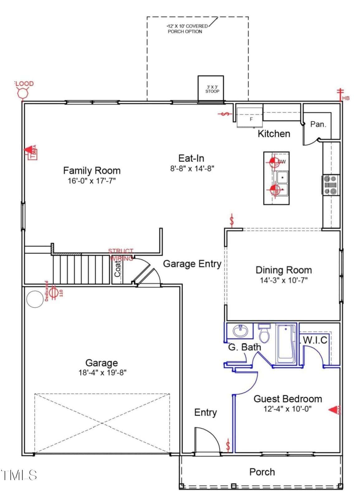 First floor house plan showing a garage, family room, kitchen with eat-in area, dining room, guest bedroom, guest bath, walk-in closet, entryway, porch, and garage entry. Fixtures and stairs are also marked.