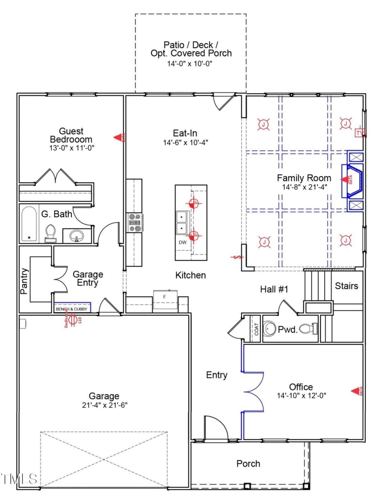 First floor house plan showing a garage, kitchen with eat-in area, family room, office, guest bedroom, two bathrooms, stairs, entry, and a patio/deck. Rooms and doors are labeled; dimensions are included.