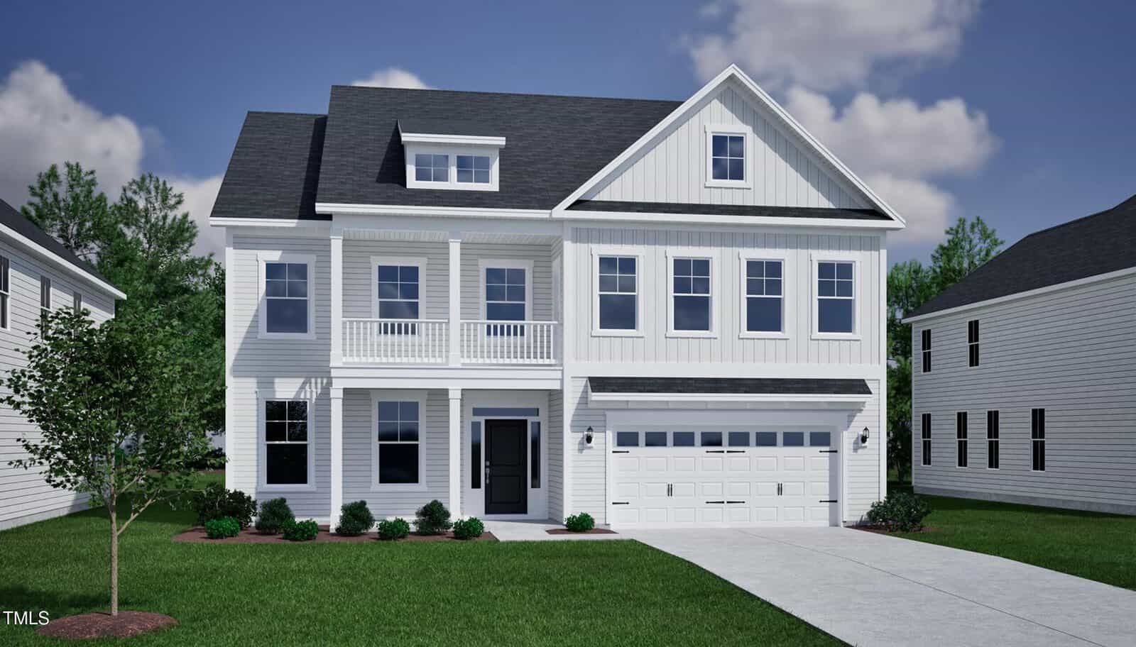 Two-story white house with black roof, attached two-car garage, front porch with columns, and several windows. A small tree, shrubs, and a concrete driveway are in the front yard. Neighboring houses and trees are visible.