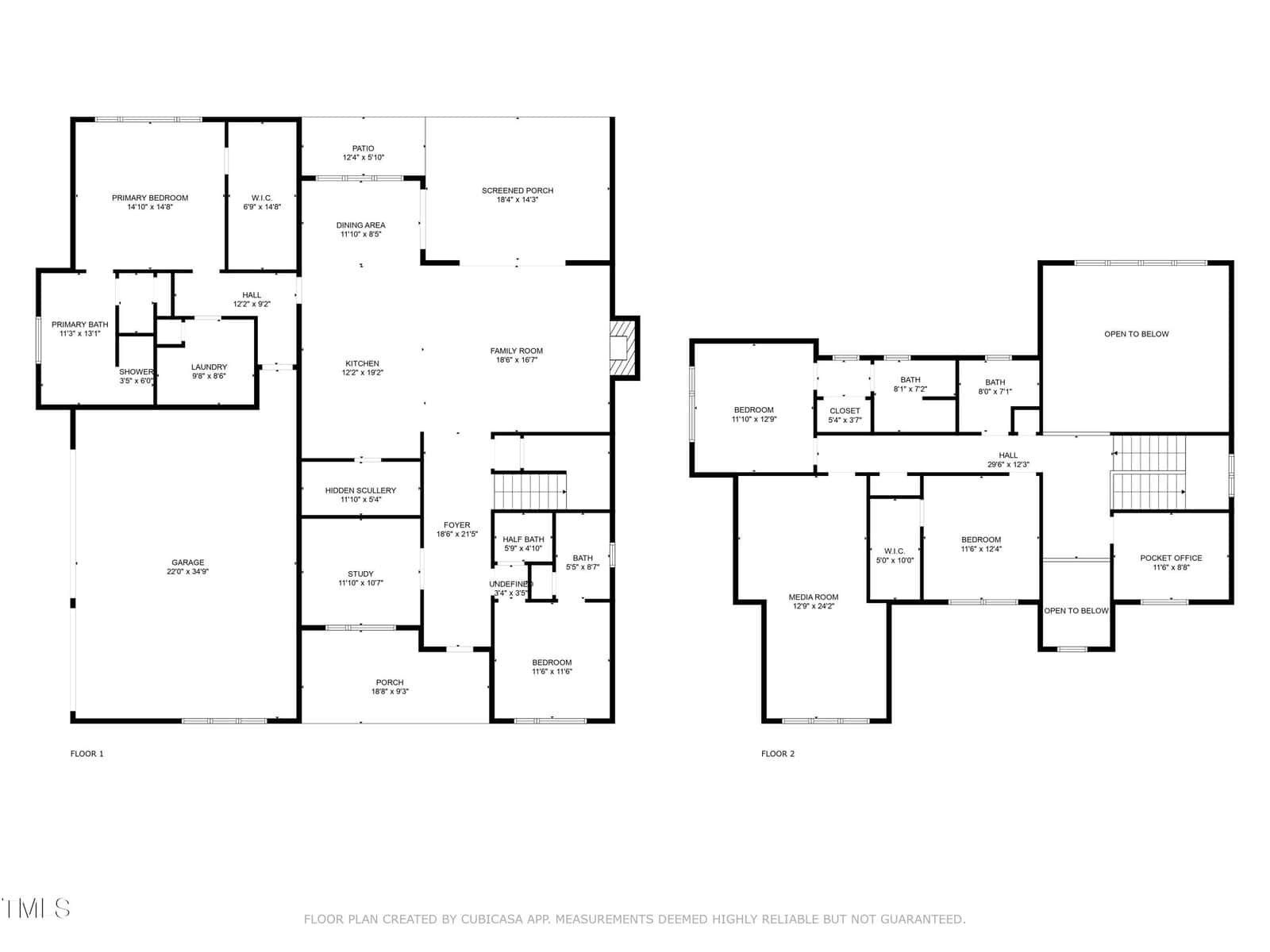 Black and white floor plan of a two-story house showing rooms labeled such as kitchen, dining, laundry, family room, bedrooms, bathrooms, office, primary bedroom, and garage. Measurements are included for each room.