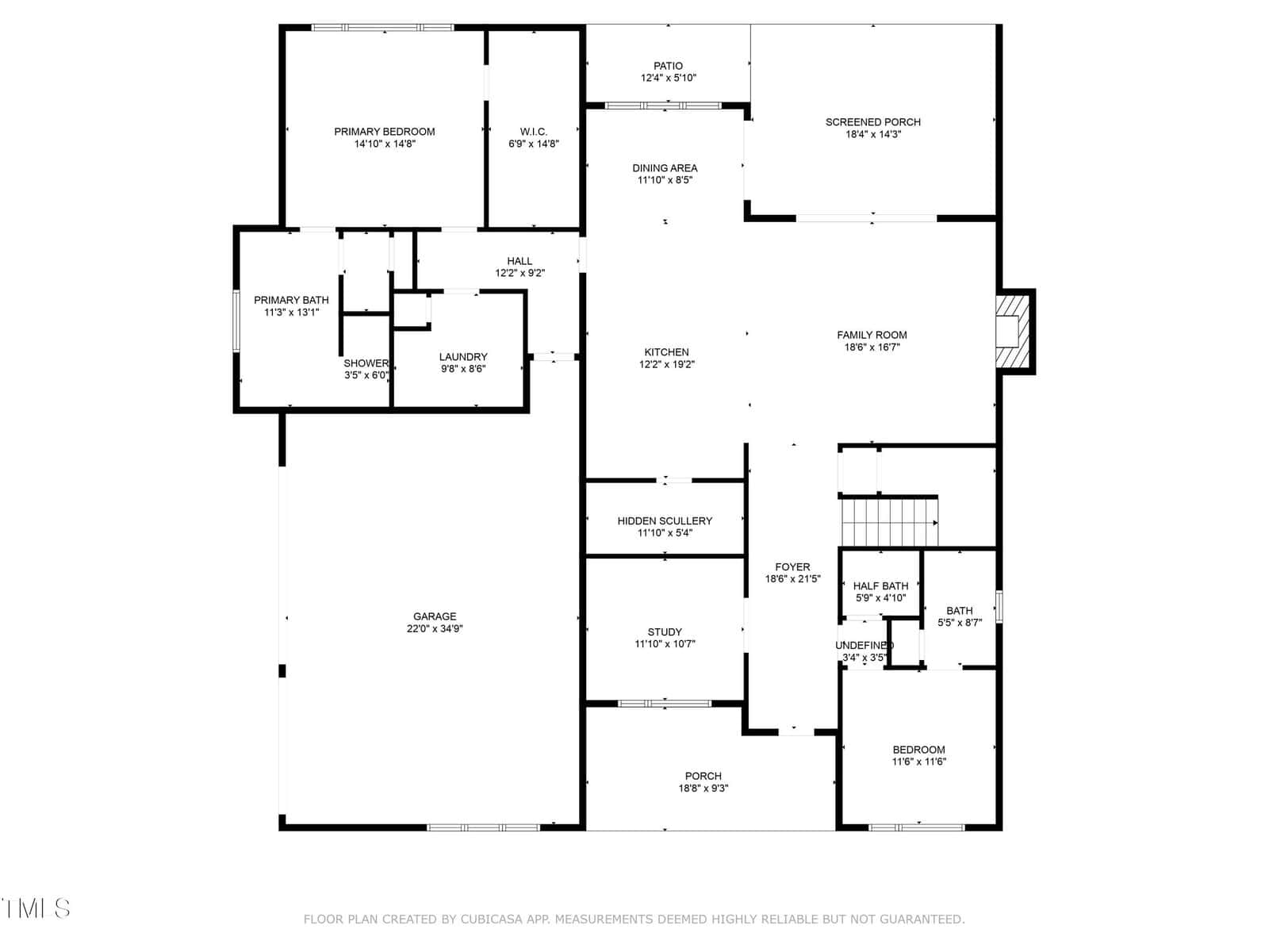 Black and white floor plan showing labeled rooms including primary bedroom, kitchen, family room, dining area, laundry, two bathrooms, study, porch, garage, screened porch, and patio. Room dimensions are included.