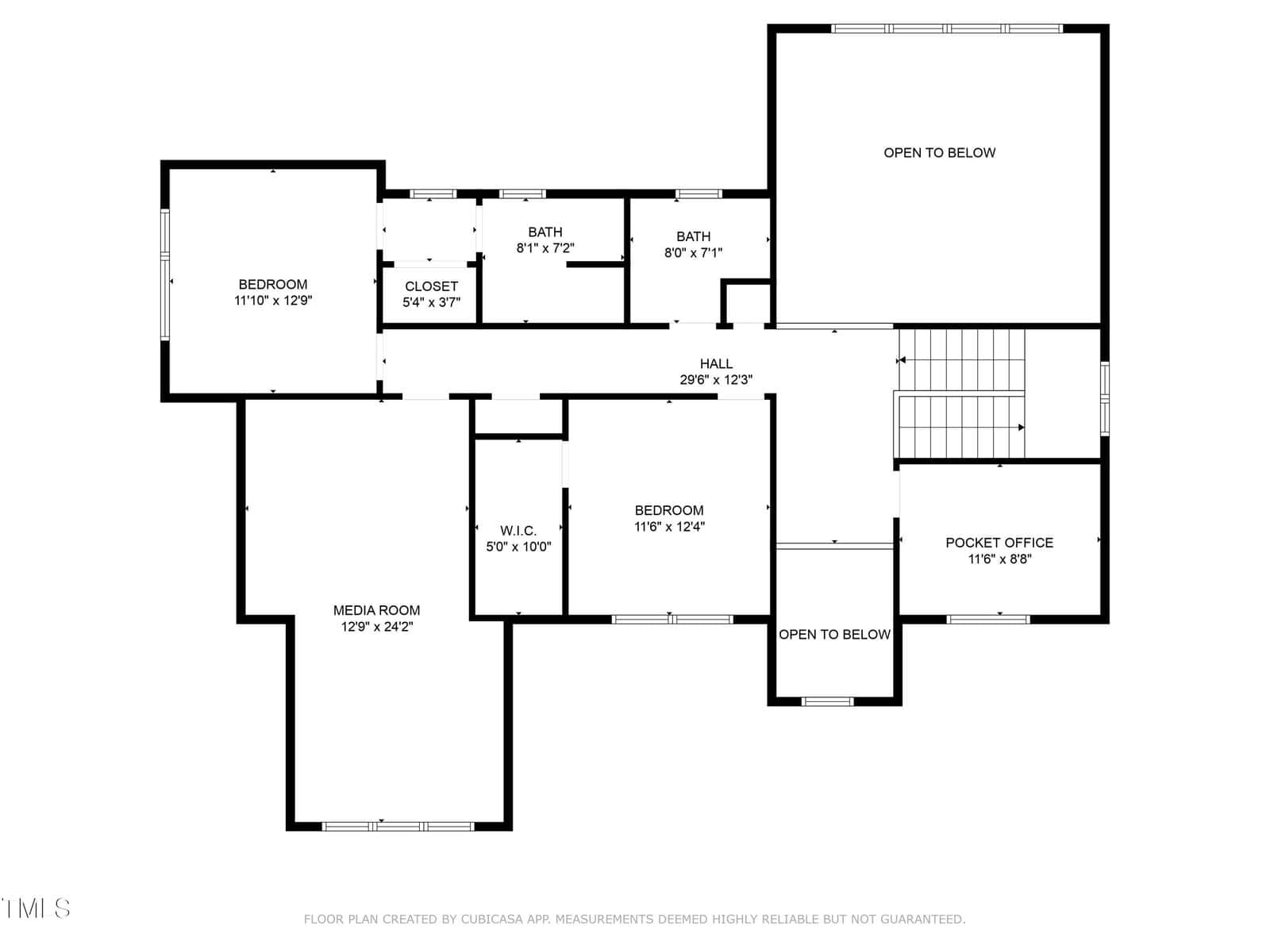 Black and white floor plan showing three bedrooms, two bathrooms, a closet, a walk-in closet, a media room, a pocket office, hallways, and two open-to-below spaces. Room dimensions are labeled.