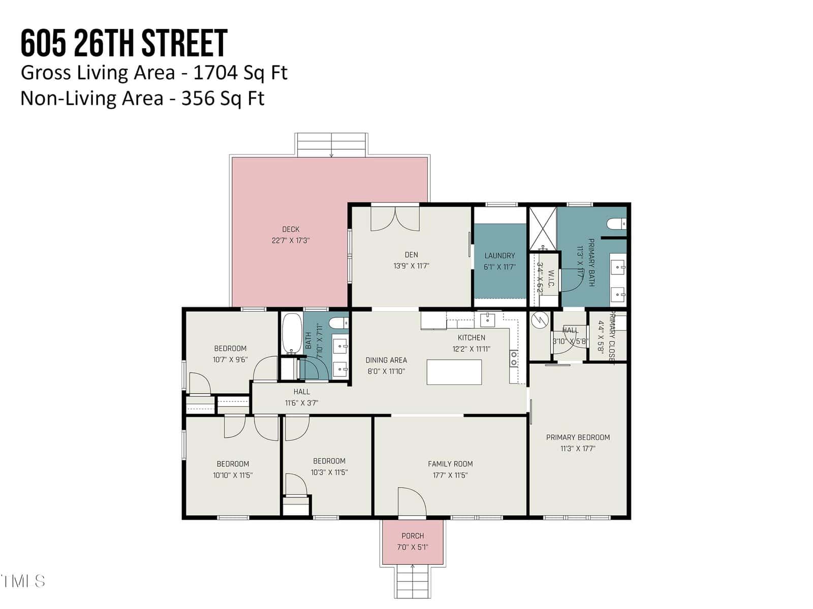 Floor plan for 605 26th Street showing labeled rooms, including three bedrooms, two bathrooms, kitchen, dining area, family room, laundry, deck, and porch. Gross living area is 1,704 sq ft; non-living area is 356 sq ft.