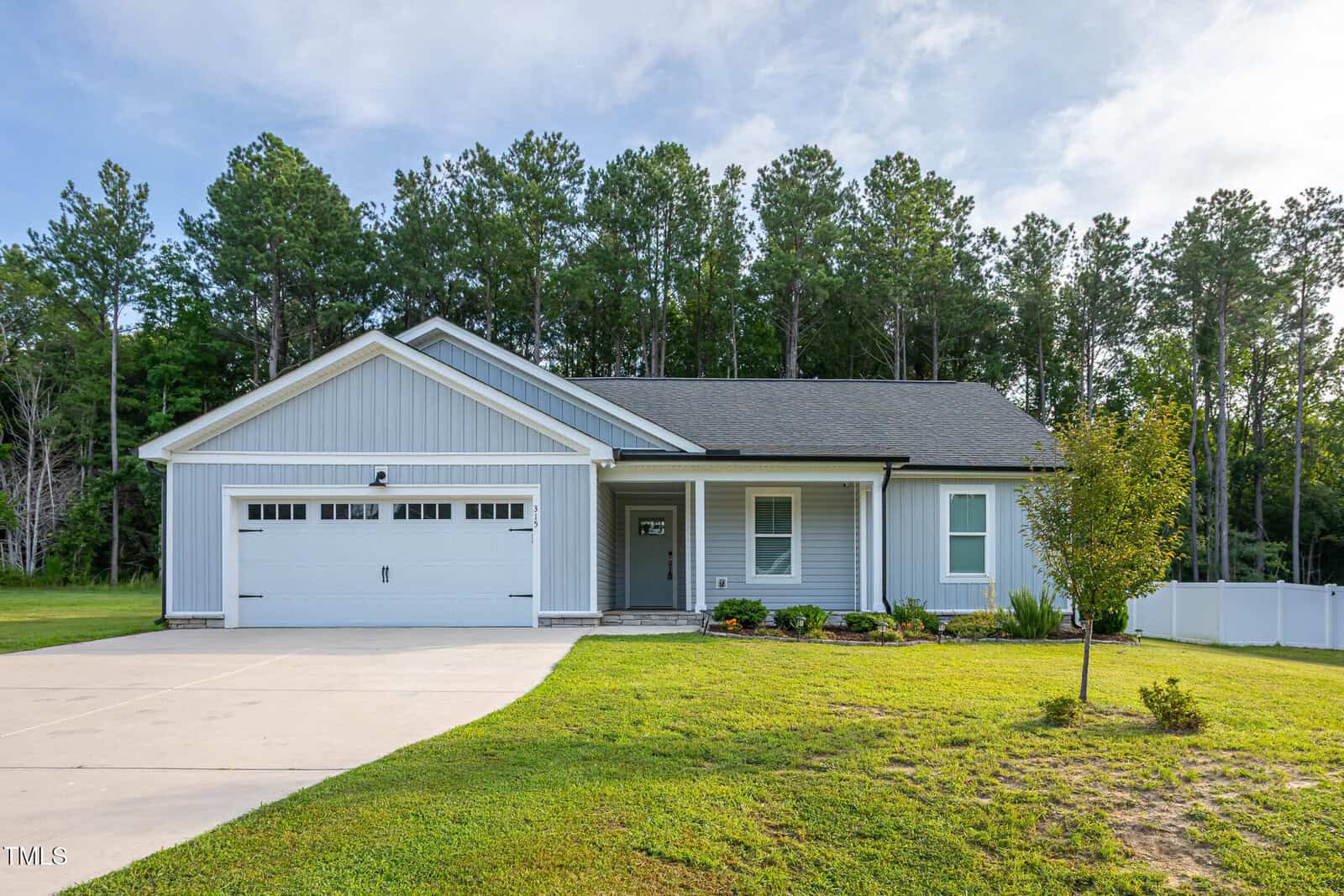 A modern single-story house with light blue siding, a gabled roof, and a two-car garage. The front yard is grassy with a small tree, and tall trees line the background under a partly cloudy sky.