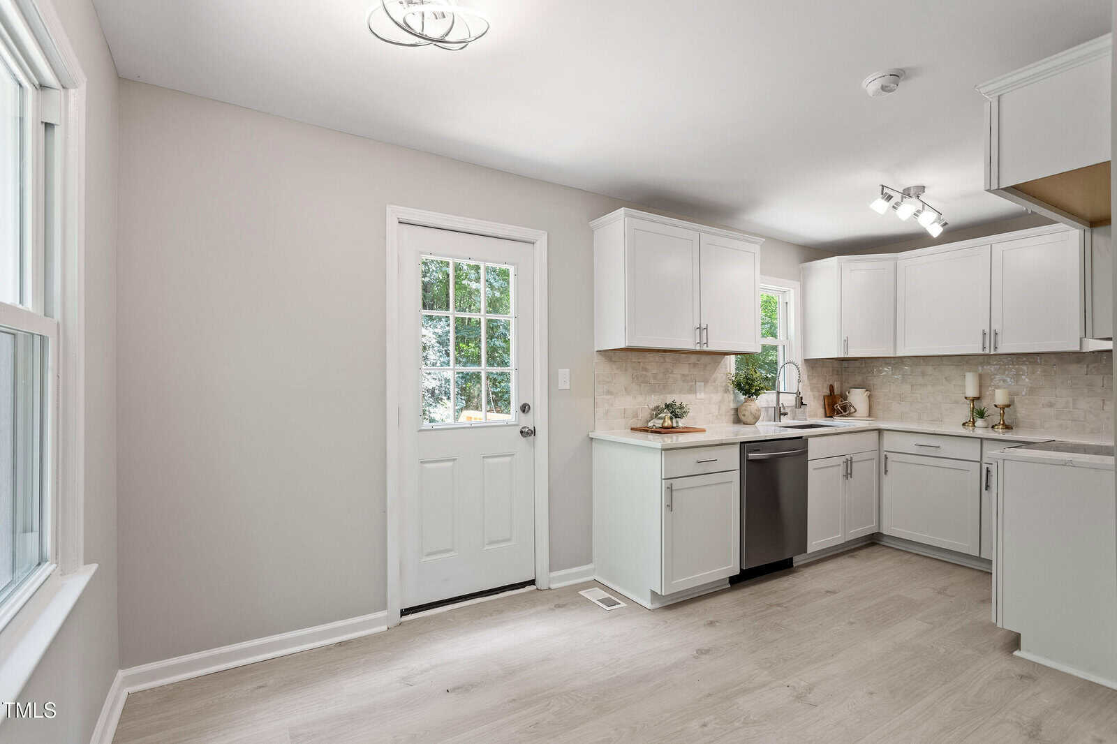 Modern kitchen with white cabinets, stainless steel appliances, light wood flooring, and a door with glass panes leading outside. Countertops are decorated with plants and kitchen items. Natural light fills the room.