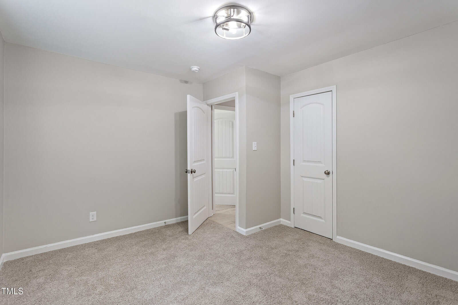 Empty room with beige carpet, light gray walls, two white doors, and a ceiling light fixture. One door is open, showing a hallway with similar colors.