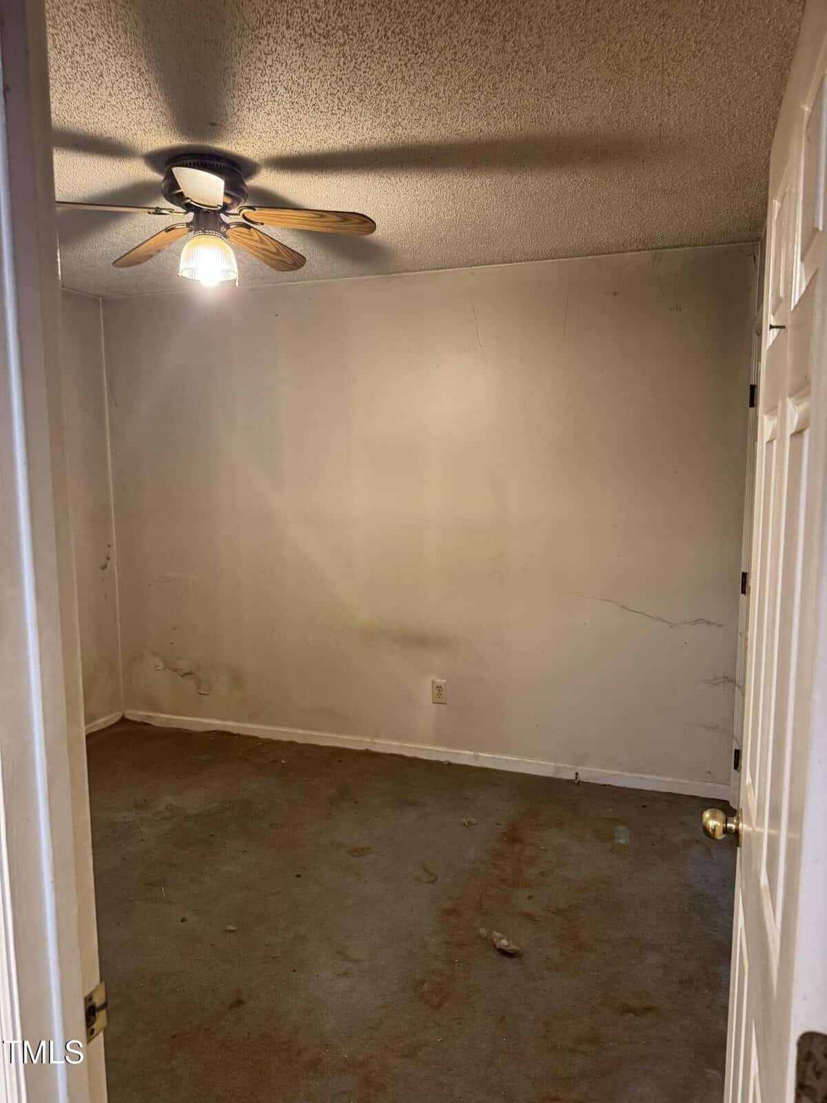Empty room with stained carpet, dirty and cracked off-white walls, a ceiling fan with a light on, and a single electrical outlet on the back wall. The photo is taken from the doorway, showing part of the open door.