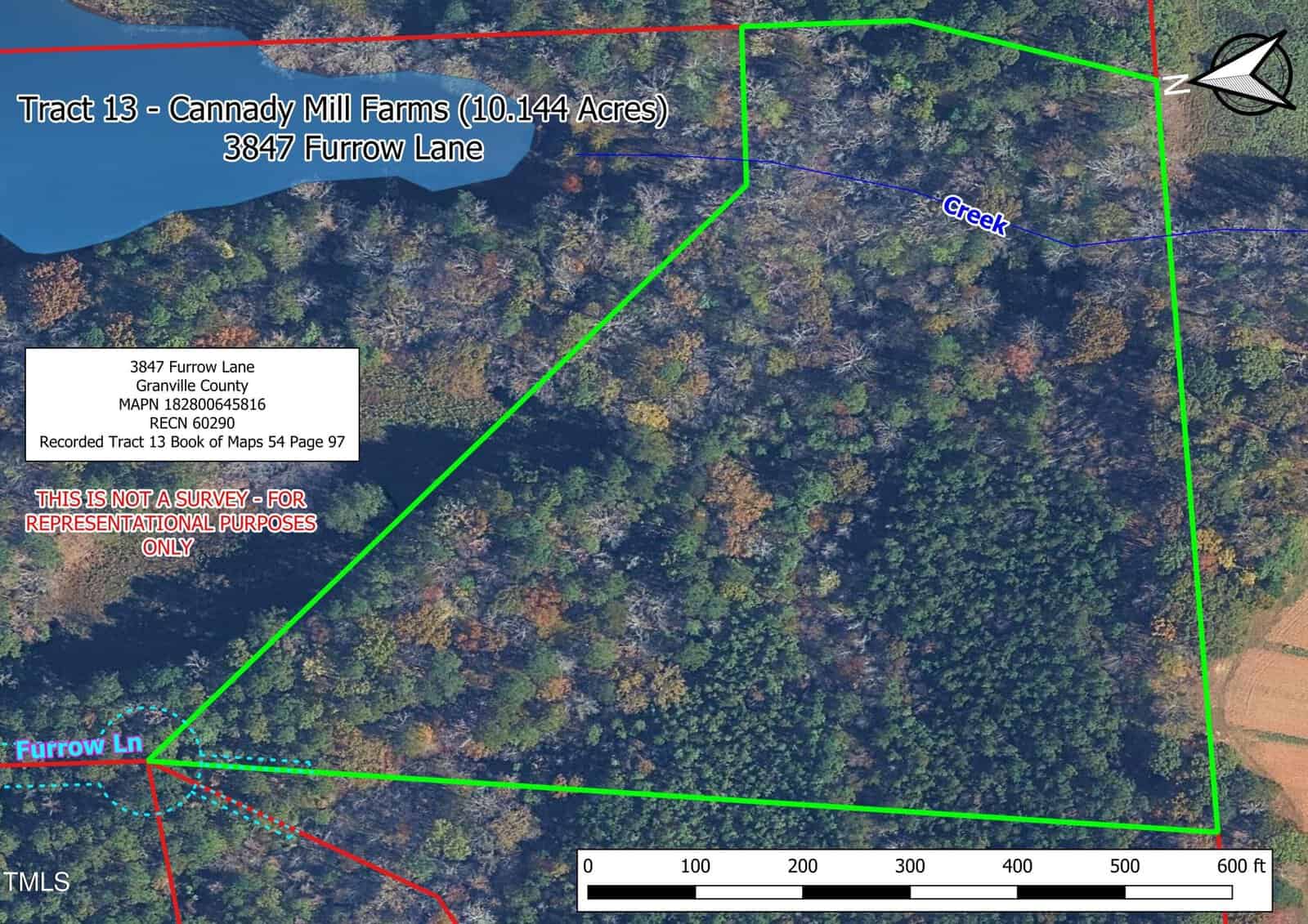 Aerial map showing Tract 13 of Cannady Mill Farms, outlined in green. This 10.144-acre property at 3847 Furrow Lane near Franklinton, Granville County, features a creek. Scale bar and north arrow are included for reference.