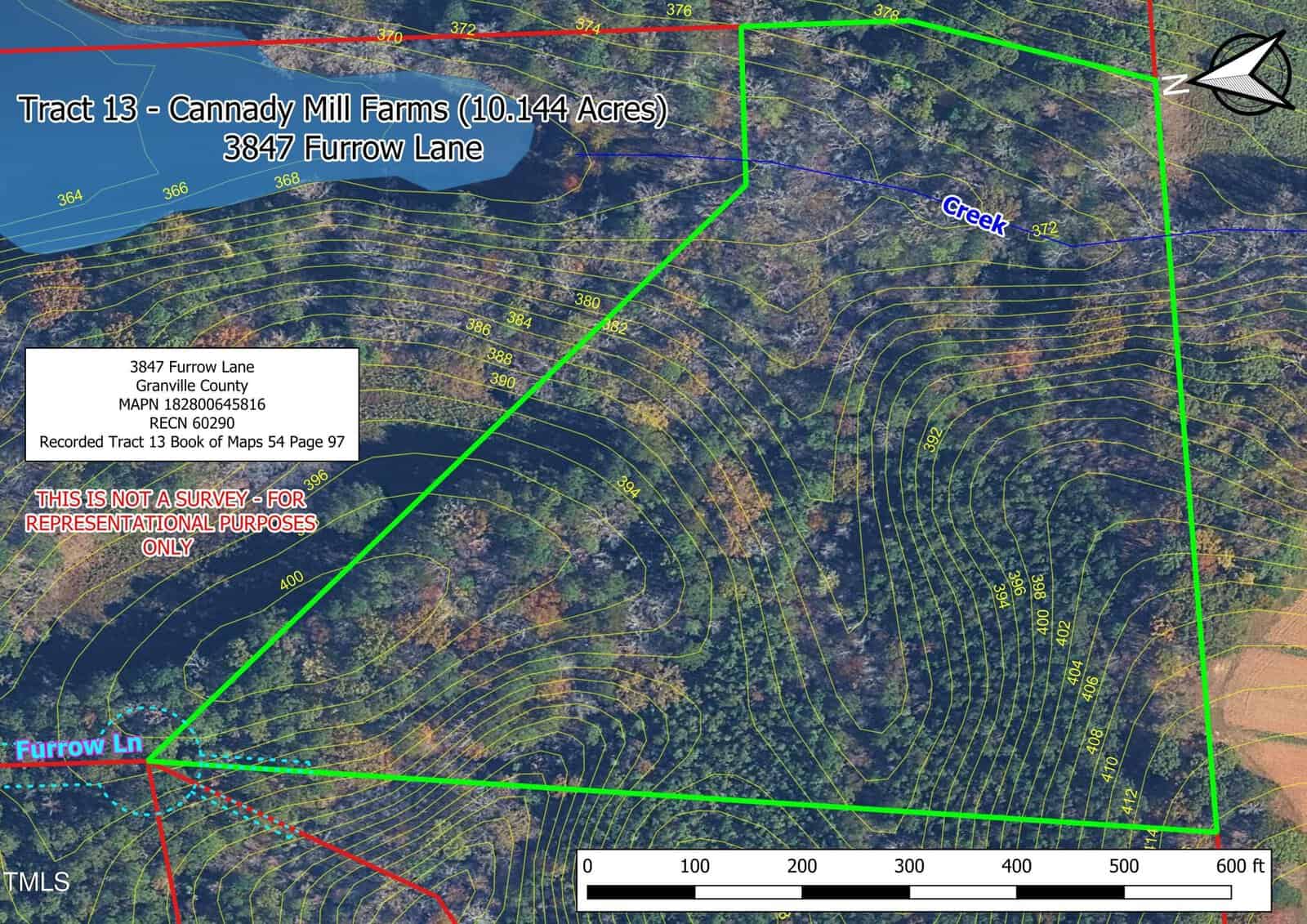 Aerial map of Tract 13, Cannady Mill Farms (10.144 acres) at 3847 Furrow Lane, outlined in green with contour lines, a labeled creek, and property details. Noted as for representational purposes only.