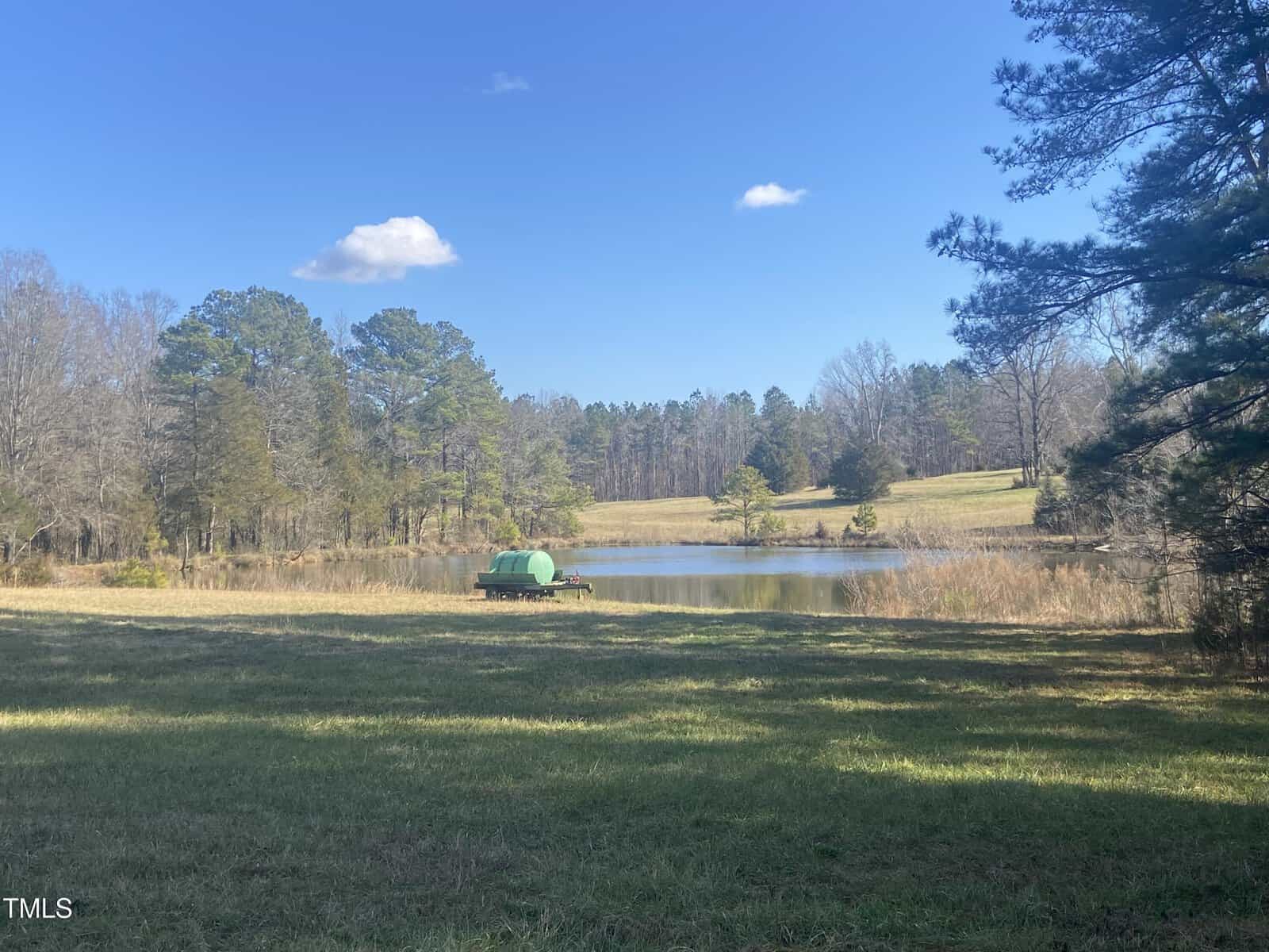 A small pond is surrounded by grass and trees under a clear blue sky. A green-roofed dock structure sits on the water near the shore. Shadows from nearby trees fall across the grassy area in the foreground.