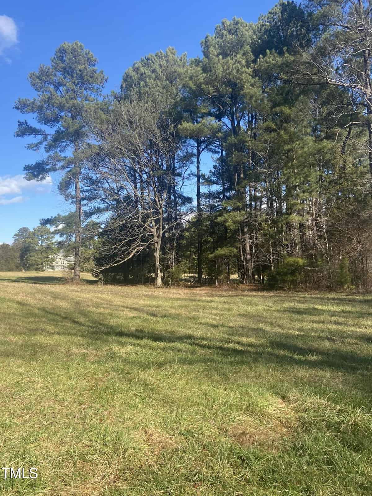Open grassy field at 4306 Bragg Farm Lane, Franklinton, with tall green pine trees and some leafless trees beneath a blue sky dotted with scattered clouds. Tree shadows stretch across the grass.