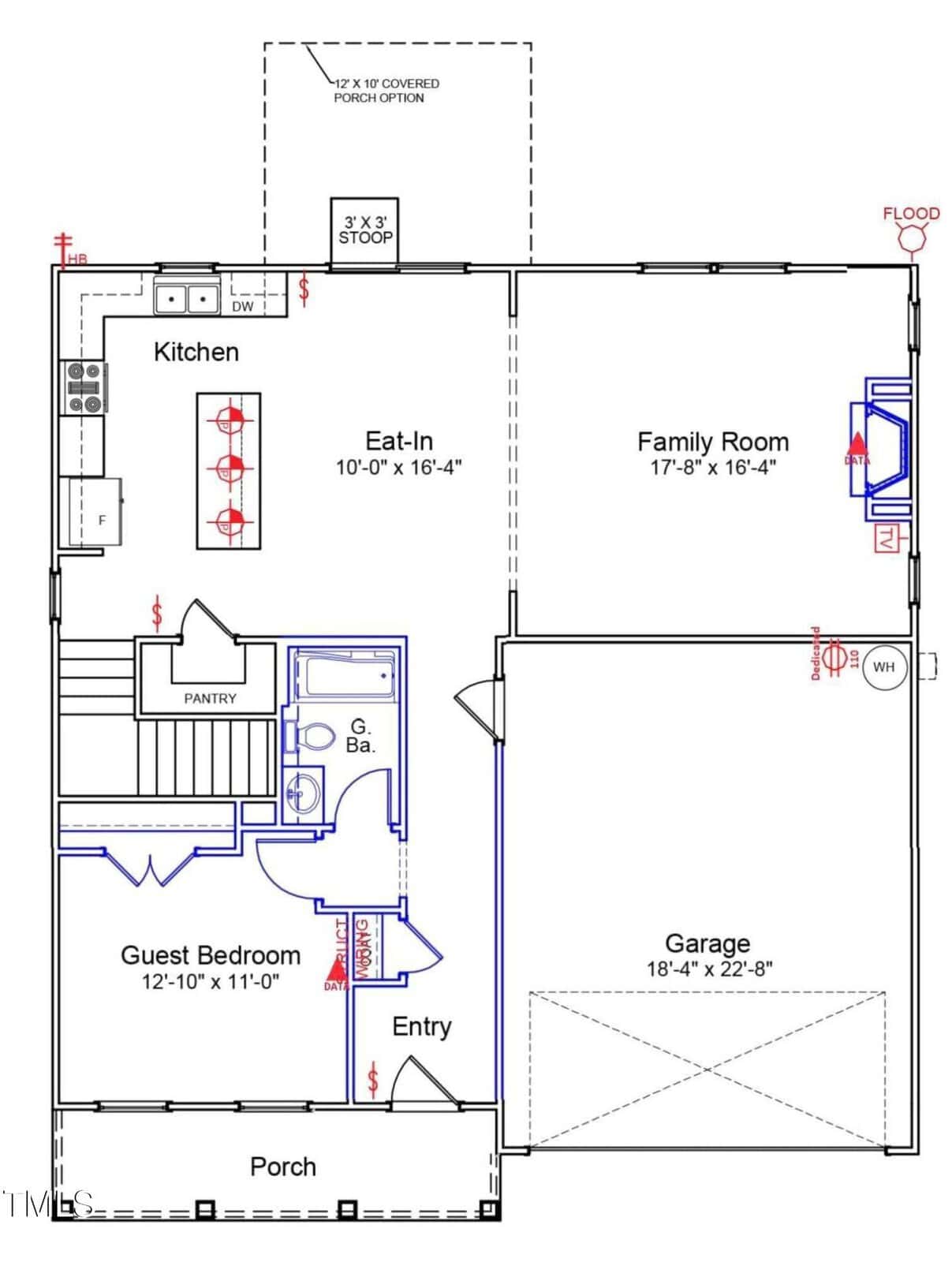 First floor house plan showing a porch, entry, guest bedroom, bathroom, stairs, kitchen, eat-in area, family room, garage, and exterior doors and windows. Dimensions and labels are marked for each room and area.
