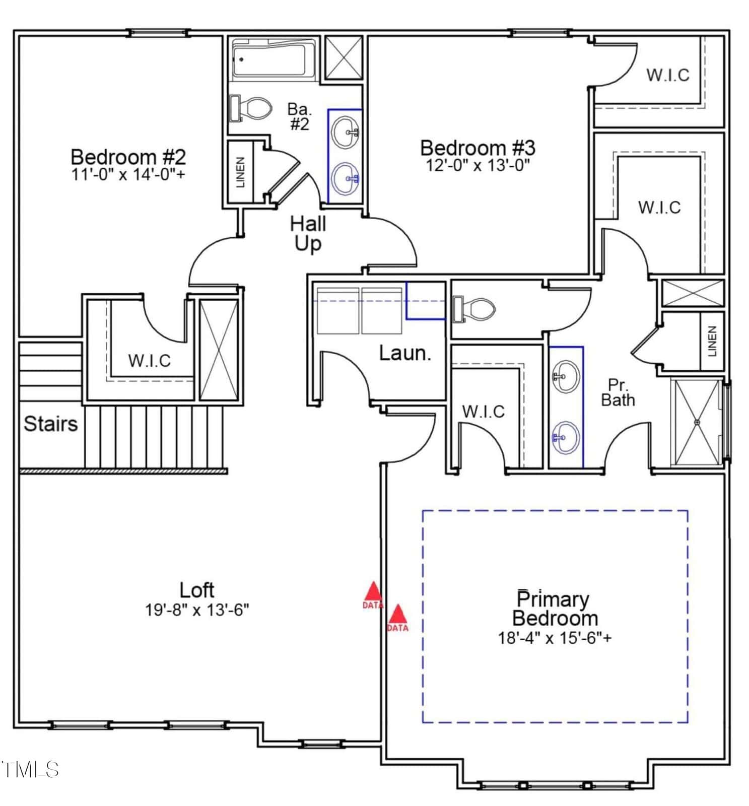 Second floor layout showing three bedrooms, three bathrooms, a loft, laundry room, linen closets, and stairs. Each bedroom includes a walk-in closet. The primary bedroom has an attached private bath. Doors and room dimensions labeled.