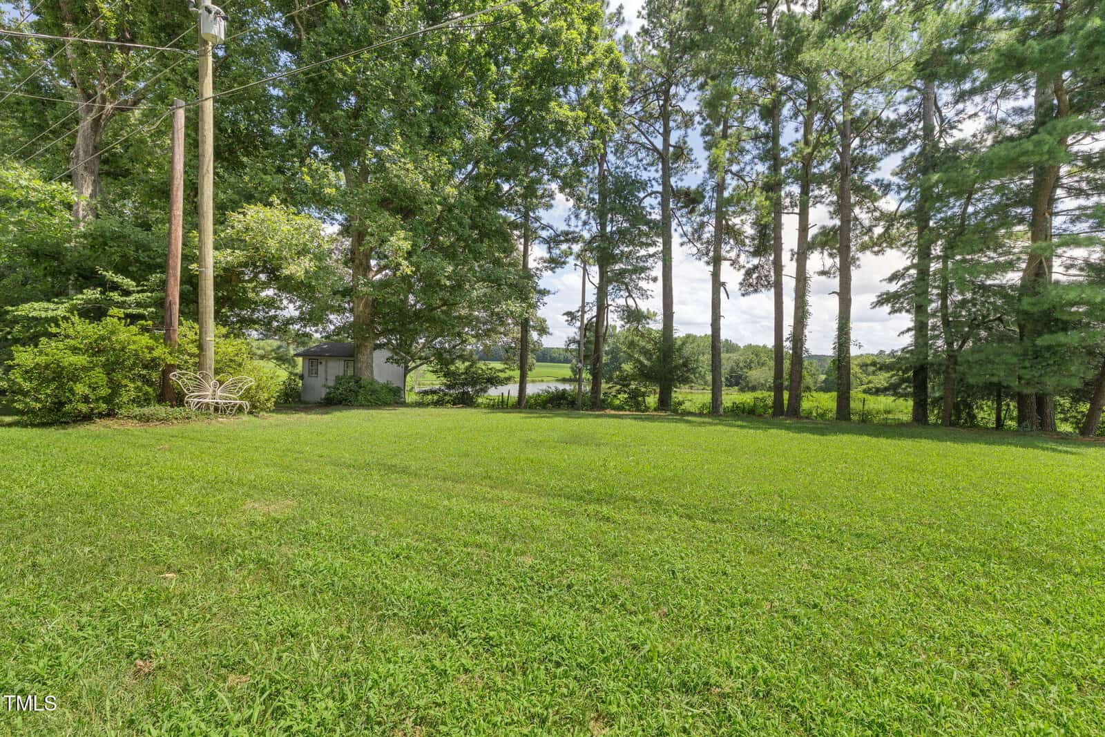 A grassy backyard with tall trees, a small shed, and outdoor seating in the left corner. Power lines run overhead, and open fields are visible in the background under a partly cloudy sky.