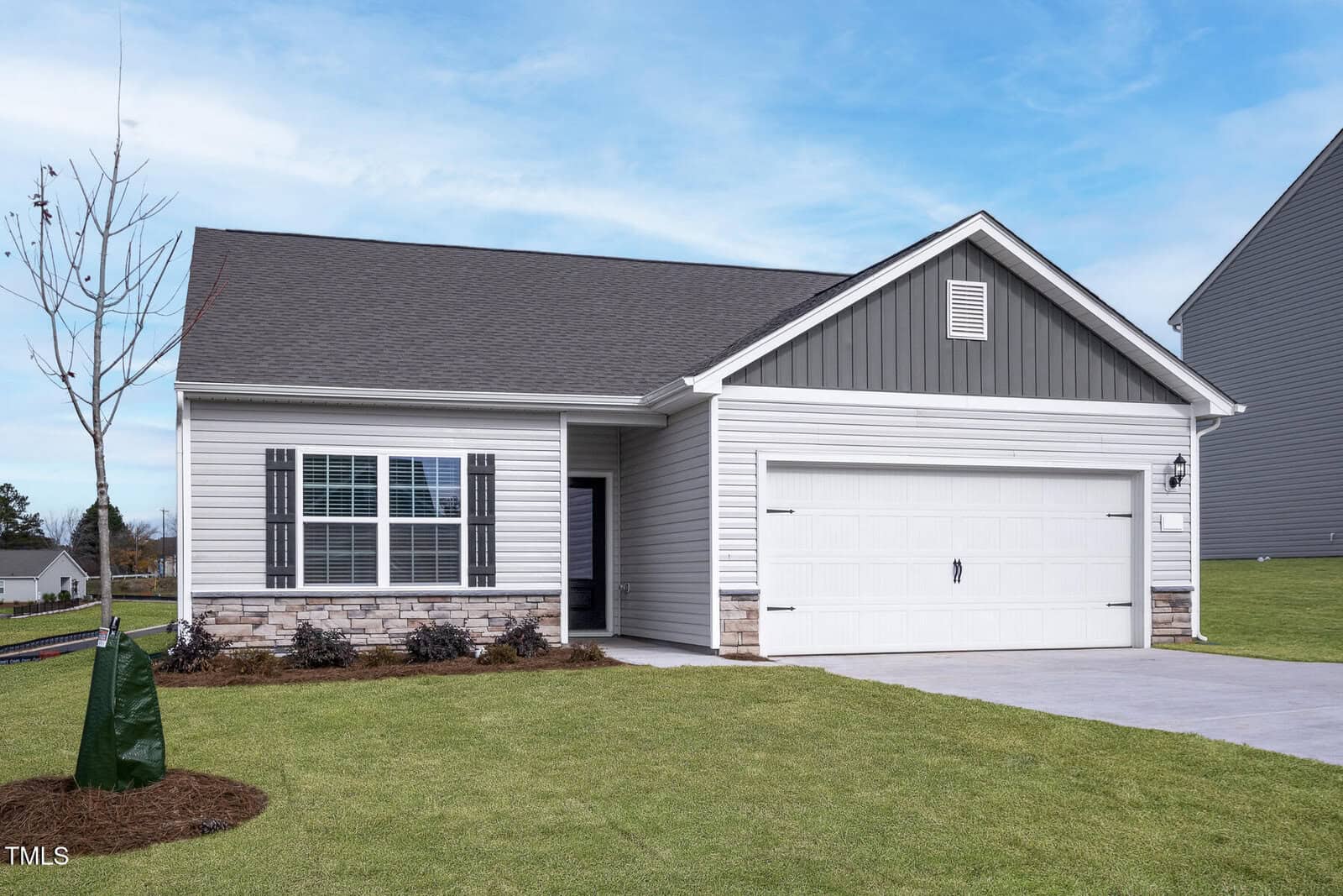 Charming single-story home at 1011 Rhino Bend, Oxford, featuring gray siding, a gabled roof, attached two-car garage, and small covered entryway. Enjoy a green lawn with a young tree and minimal landscaping for easy upkeep.