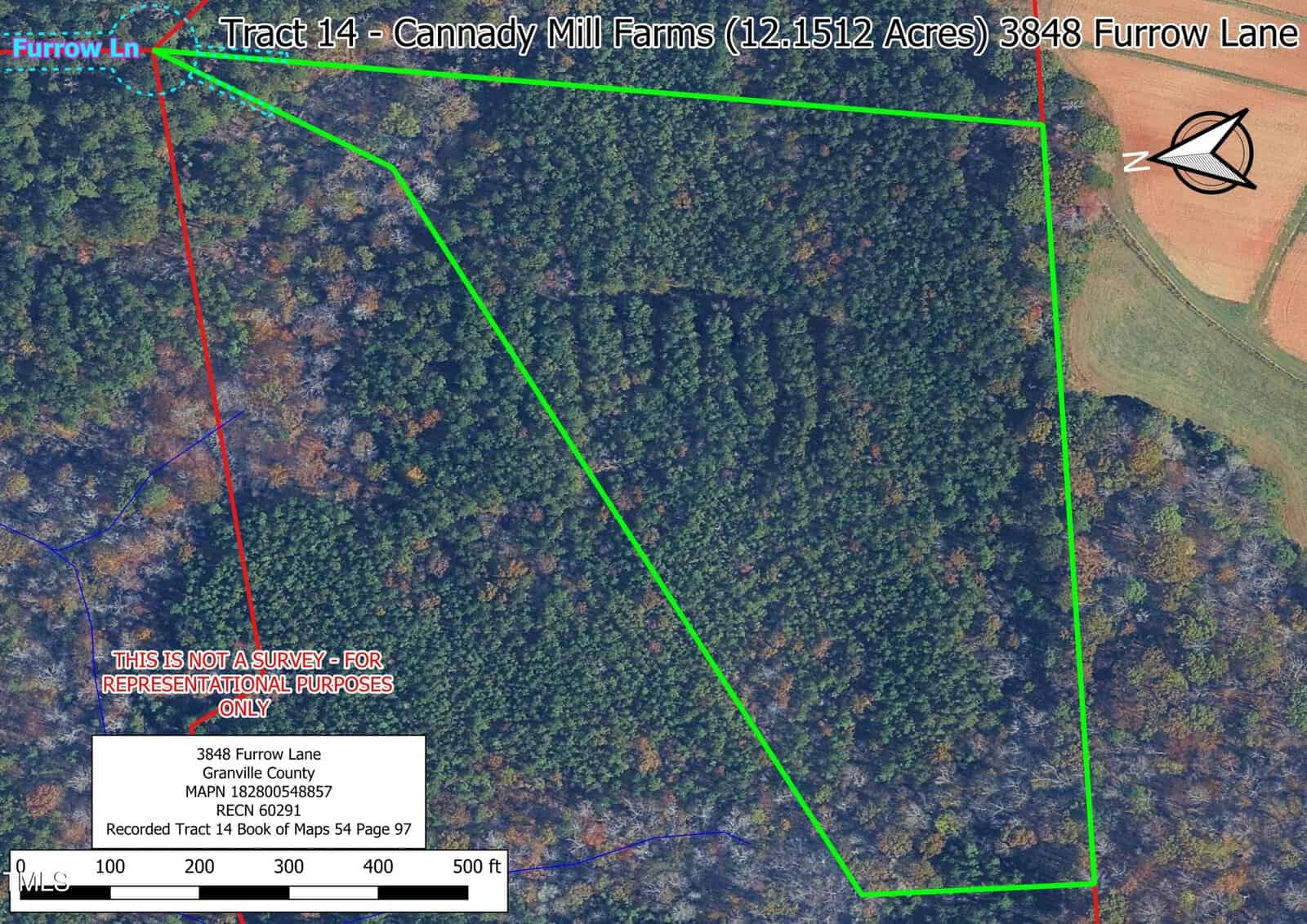 Aerial view of a forested area in Franklinton outlined in bright green, labeled as Tract 14 at Cannady Mill Farms, 12.1512 acres, with property boundaries, a scale bar, and a location label for 3848 Furrow Lane.