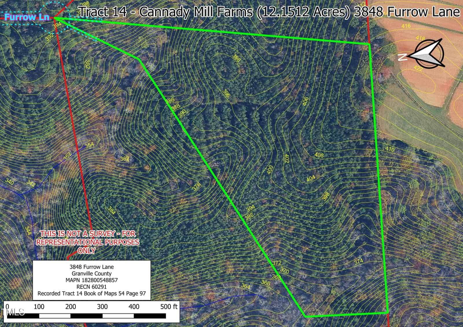 A topographic map of Tract 14 - Cannady Mill Farms, outlined in green, showing contour lines, acreage, and nearby roads, with a disclaimer noting it is for representational purposes only.