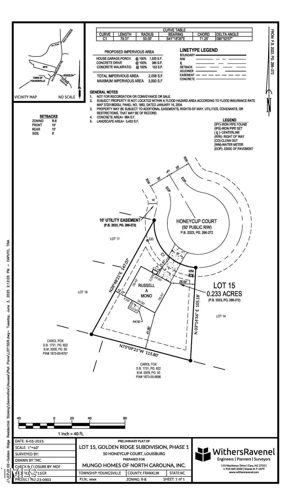 Site plan for Lot 15, Golden Ridge Subdivision, Phase 1, showing property boundaries, setbacks, house layout, driveway, utility easement, and surrounding street details labeled Honeycup Court and Russell Square Court.