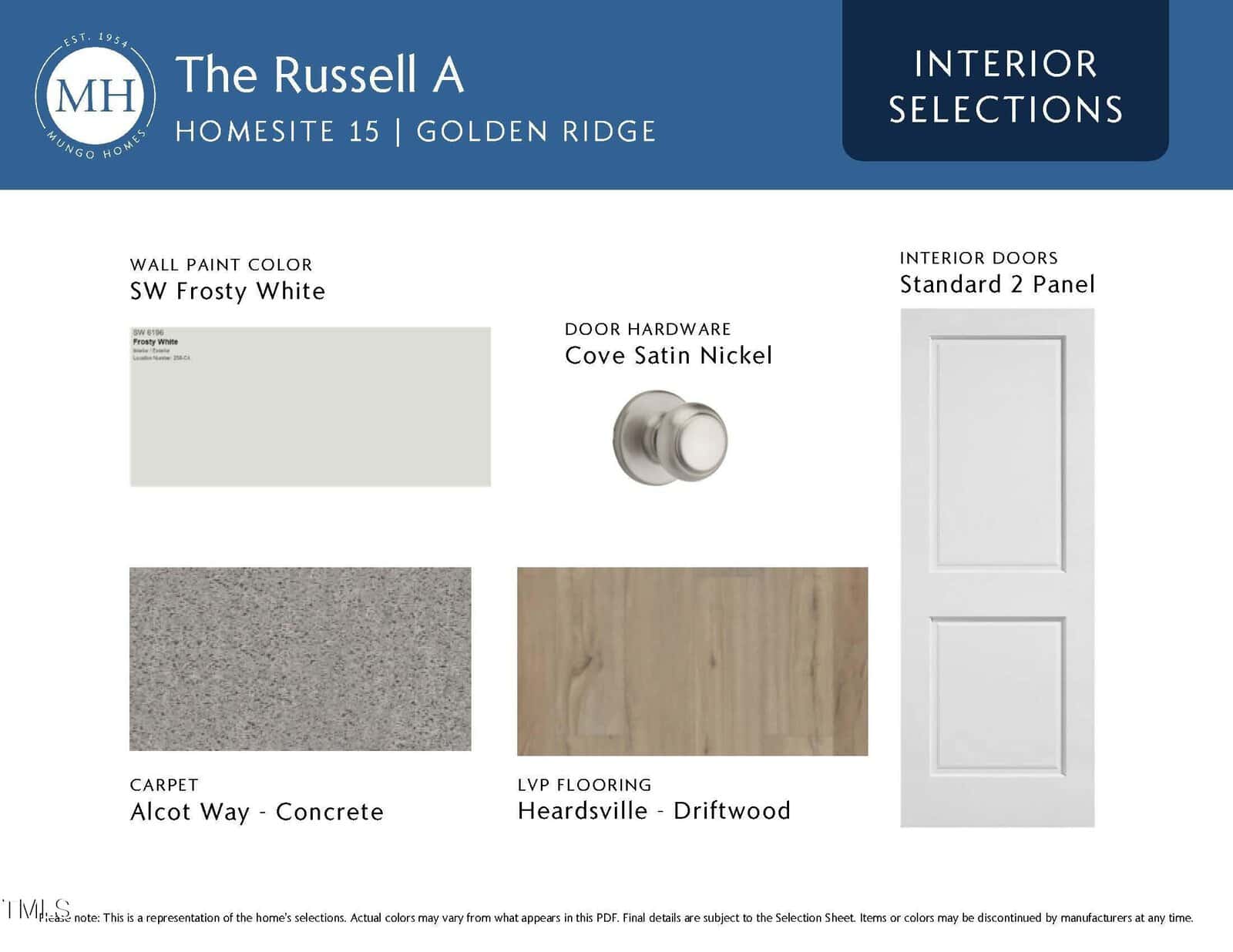 Interior selections board for The Russell A home, showing samples: SW Frosty White wall paint, Cove Satin Nickel door hardware, Standard 2 Panel doors, Alcot Way carpet in Concrete, and Heardsville Driftwood LVP flooring.