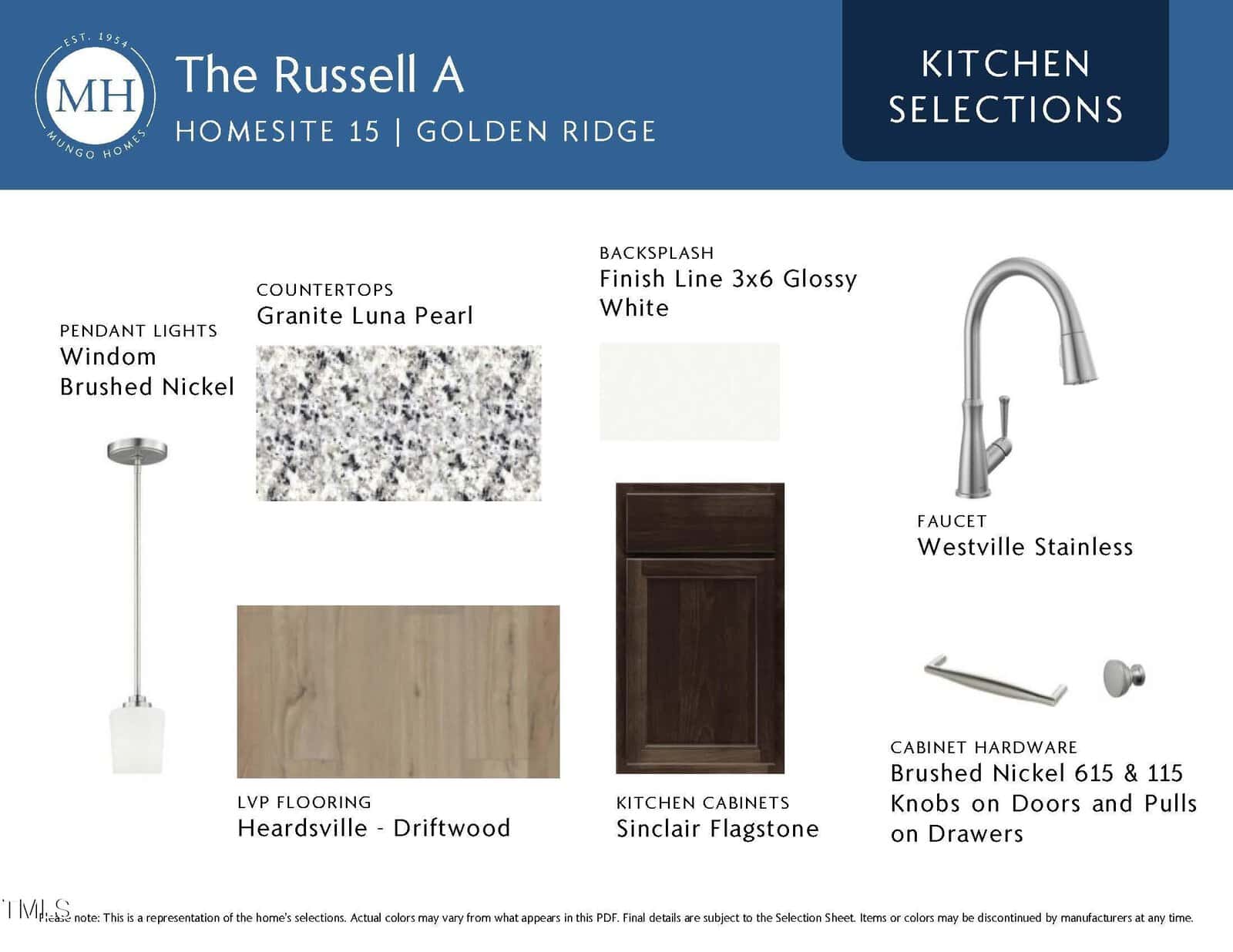 Kitchen selections for The Russell A include granite countertops, Sinclair Flagstone cabinets, Driftwood LVP flooring, stainless steel faucet, brushed nickel pendant lights, and white glossy subway tile backsplash.
