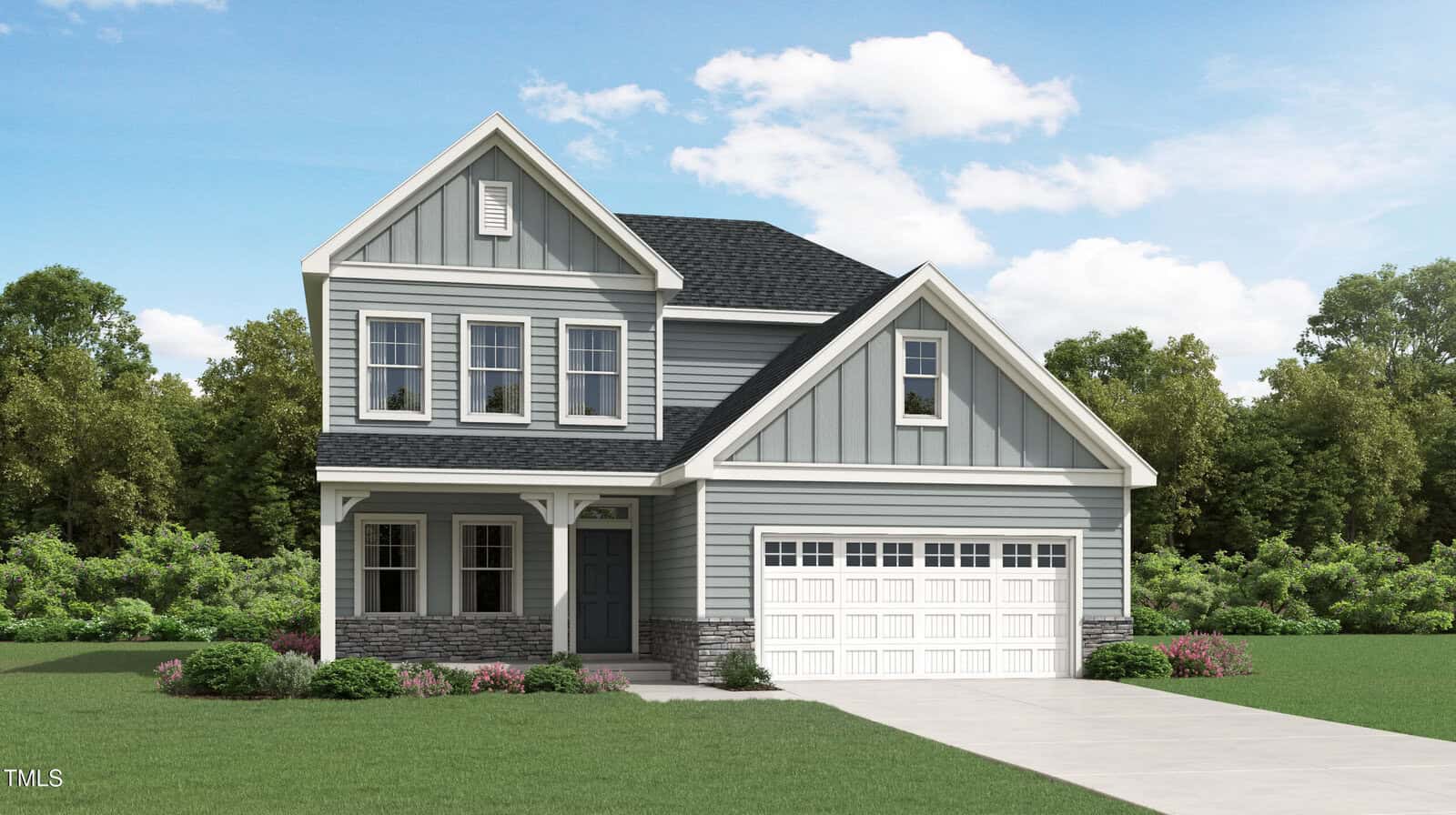 A two-story suburban house with gray siding, white trim, and a covered front porch. The home has a double garage and is surrounded by green lawn, shrubs, and trees under a blue sky with scattered clouds.