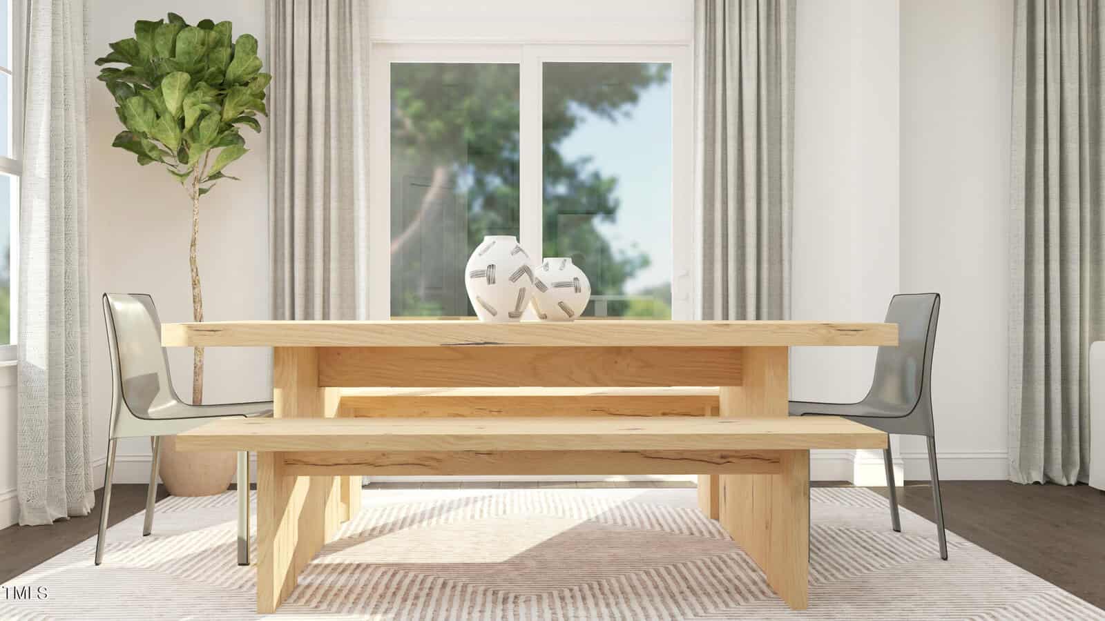 A modern dining room with a light wood table and matching bench, two gray chairs, a large potted plant, white vases on the table, a striped rug, and sheer curtains framing glass doors with a view of greenery outside.