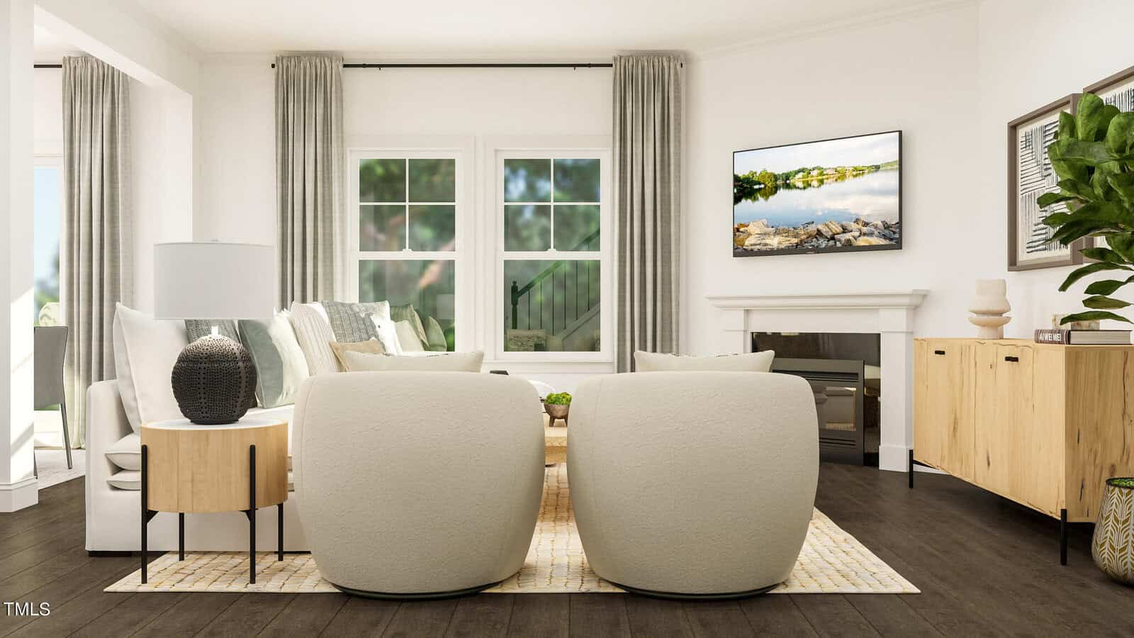 Modern living room with two round chairs, sofa, side tables, large windows with curtains, a TV above a fireplace, a sideboard, potted plant, and dark wood floor. Natural light fills the space.