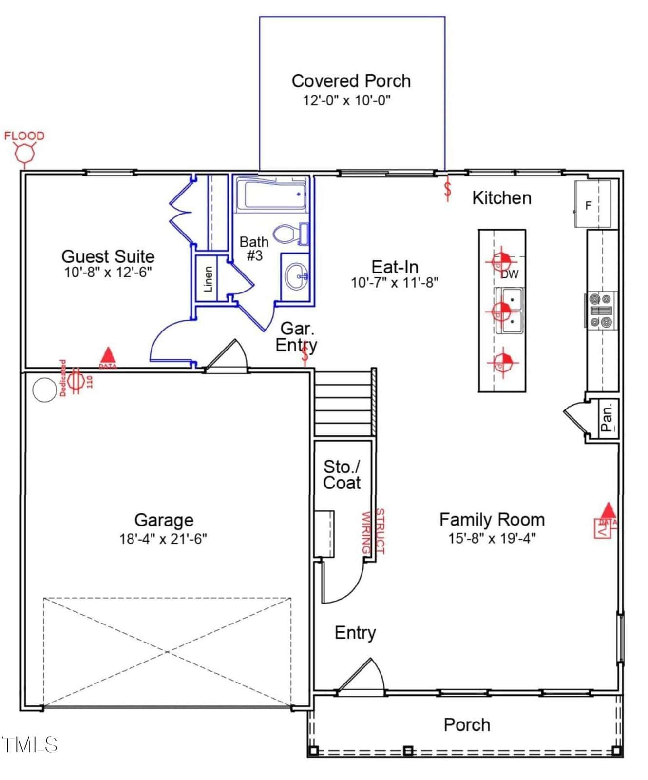 First floor plan showing a garage, guest suite with bath, laundry, kitchen with island, eat-in area, family room, entry, coat closet, covered porch, and front porch. Stairs and doors are also marked.
