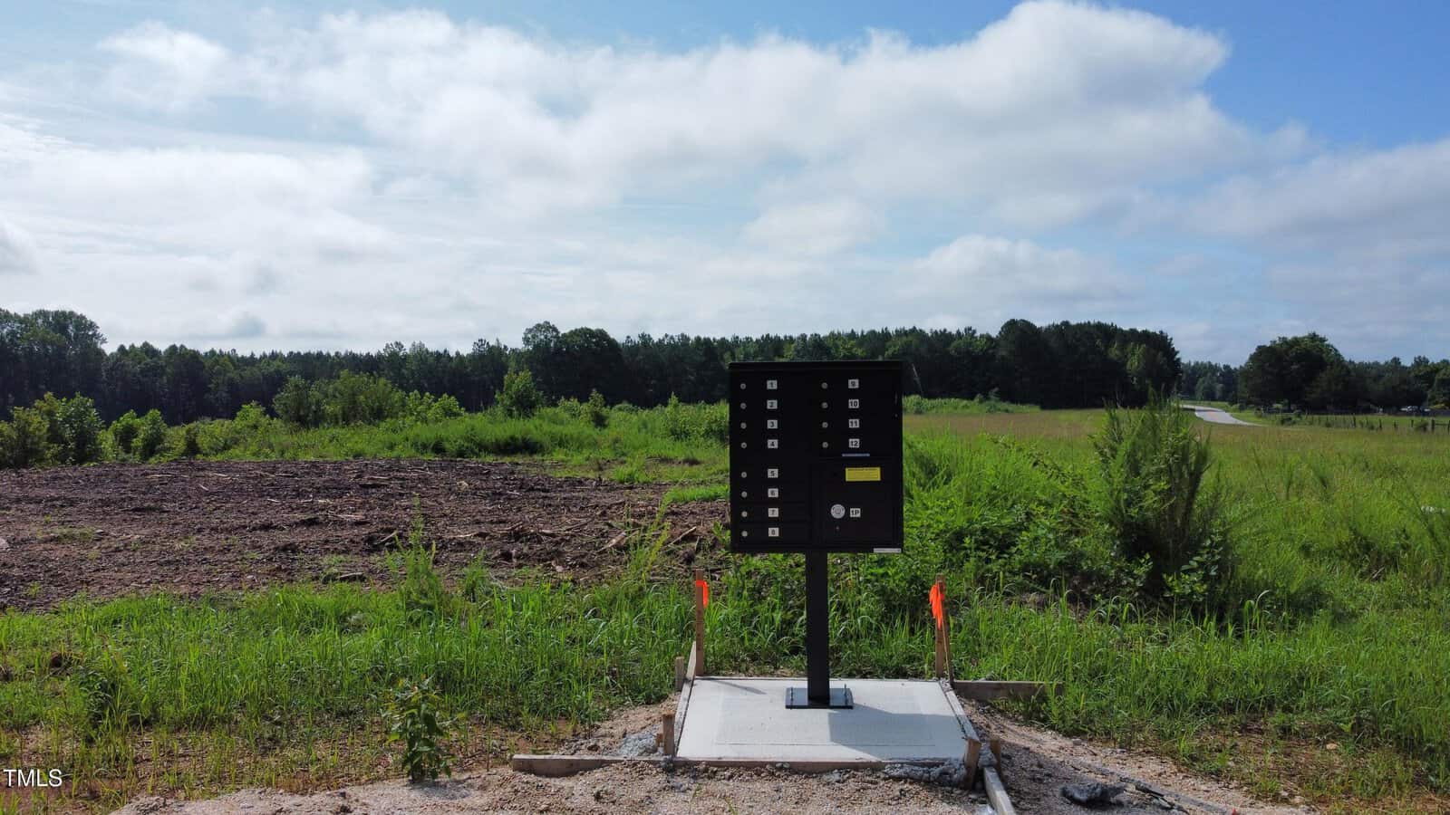 A black cluster mailbox stands on a concrete pad in a grassy, rural area with trees and an open field under a partly cloudy sky.
