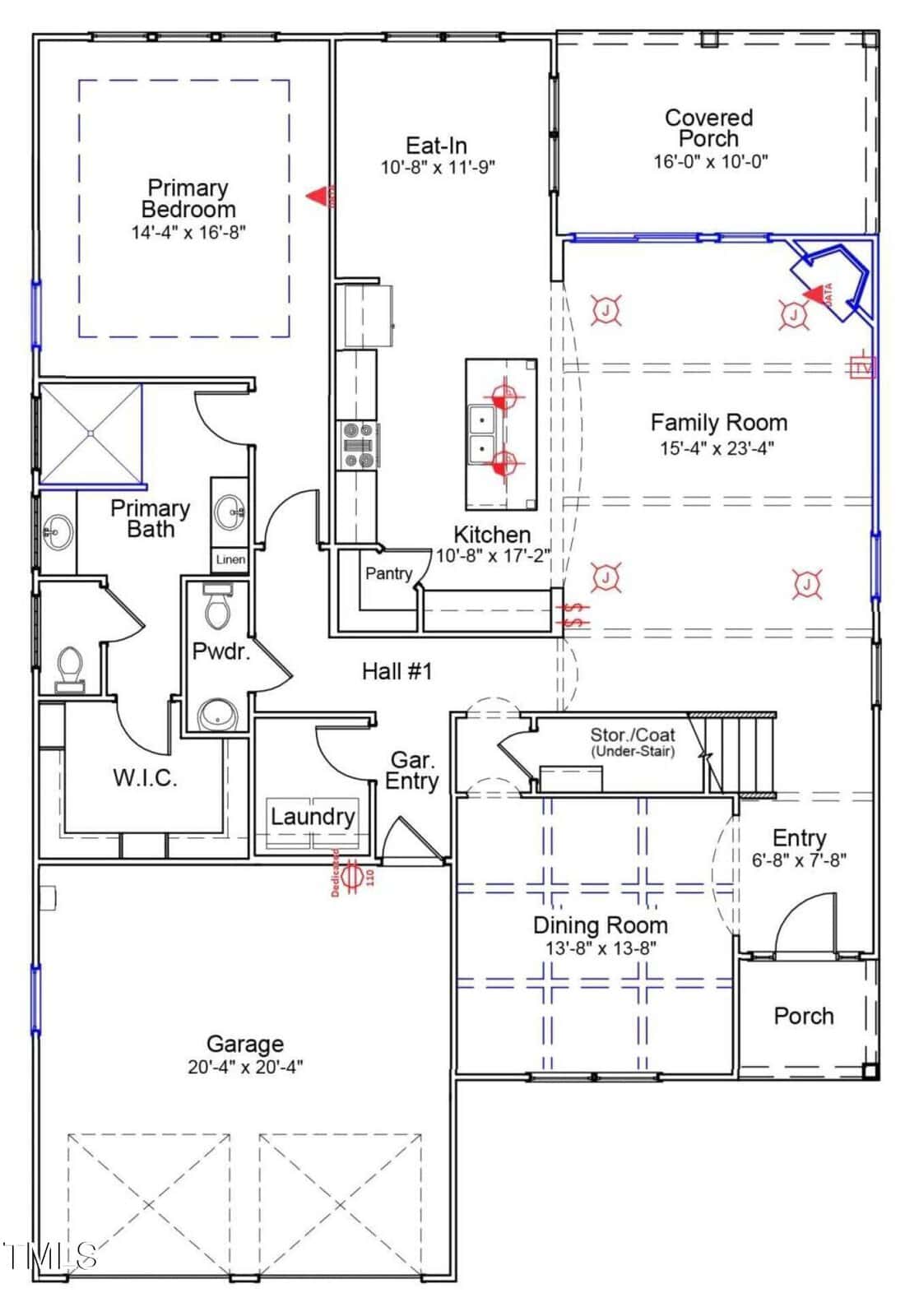 Floor plan of a single-story house featuring a primary bedroom with ensuite bath and walk-in closet, kitchen, eat-in area, family room, dining room, laundry, powder room, garage, porch, and covered rear porch.