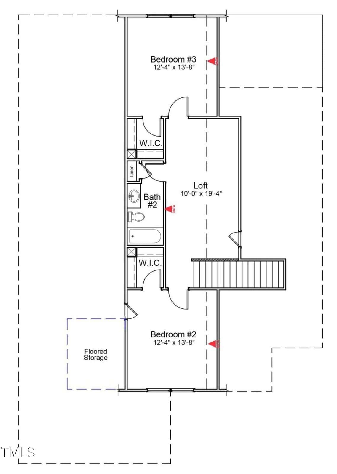 Black and white floor plan of an upper level with two bedrooms, two walk-in closets, a loft, bathroom, and floored storage area. Stairs lead up to the loft, which connects all rooms. Bedroom doors are shown with red arrows.