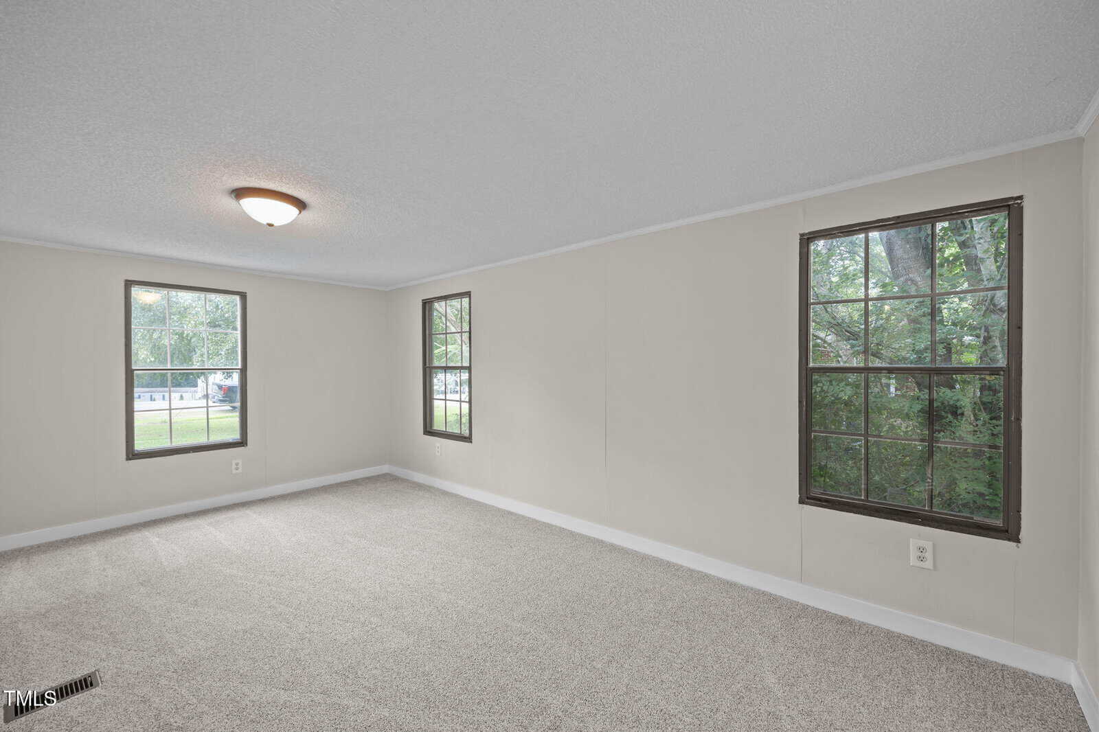 A bright, empty room with beige walls, light carpeted floor, and three large windows showing green trees outside. A ceiling light fixture is centered on the white textured ceiling.