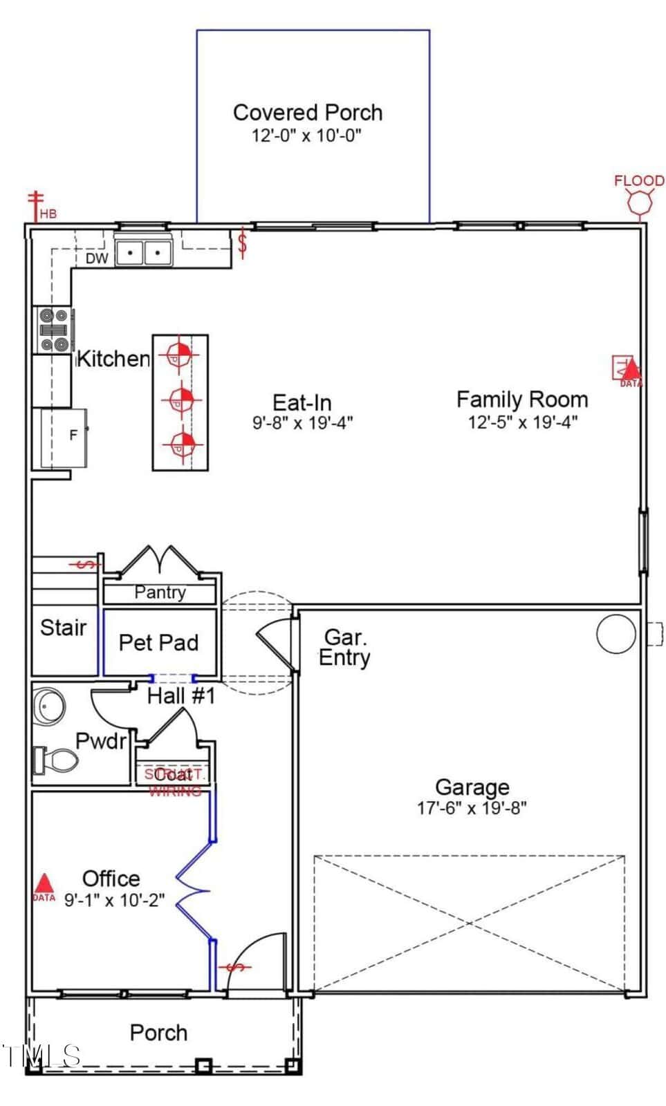 First floor plan layout showing a garage, office, half bath, pet pad, pantry, kitchen with island, eat-in area, family room, covered porch, and entryways. Measurements are labeled for each room.