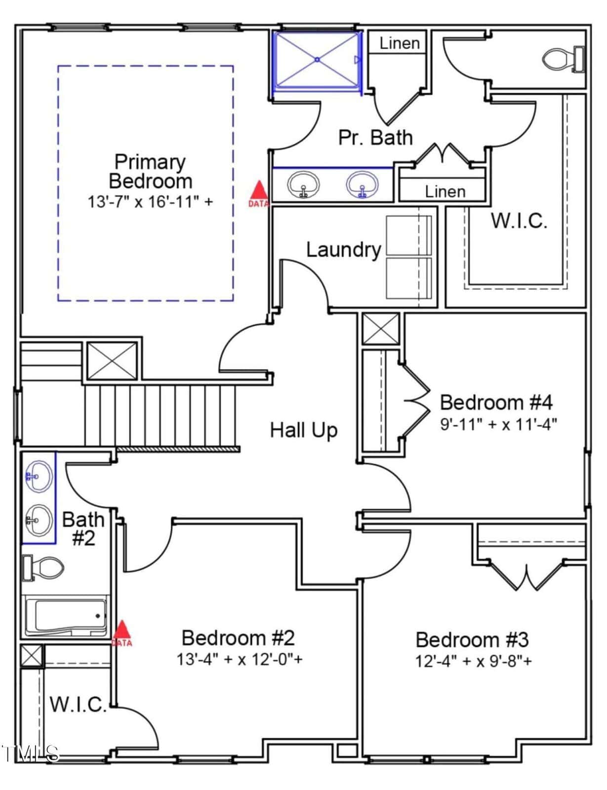 Floor plan showing four bedrooms, two bathrooms, a primary bedroom with ensuite bath and walk-in closet, separate laundry room, hall, and linen closets. Stairs and entryways are clearly labeled.