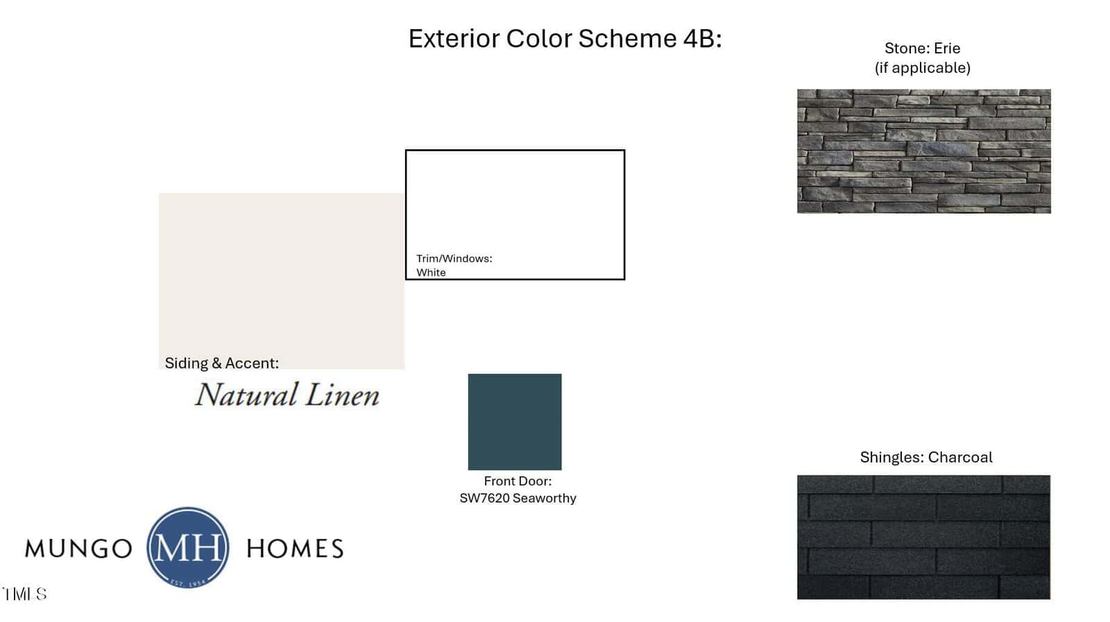 Exterior color scheme features natural linen siding, white trim and windows, a front door in SW7620 Seaworthy, Erie stone (if applicable), and charcoal shingles. Logos for Mungo Homes and MH are at the bottom left.