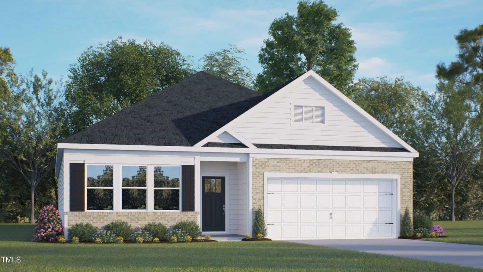 Single-story house at 140 Babbling Creek Drive in Youngsville featuring a light brick and white siding exterior, black shingled roof, double garage door, front lawn, bushes, and trees in the background under a blue sky.