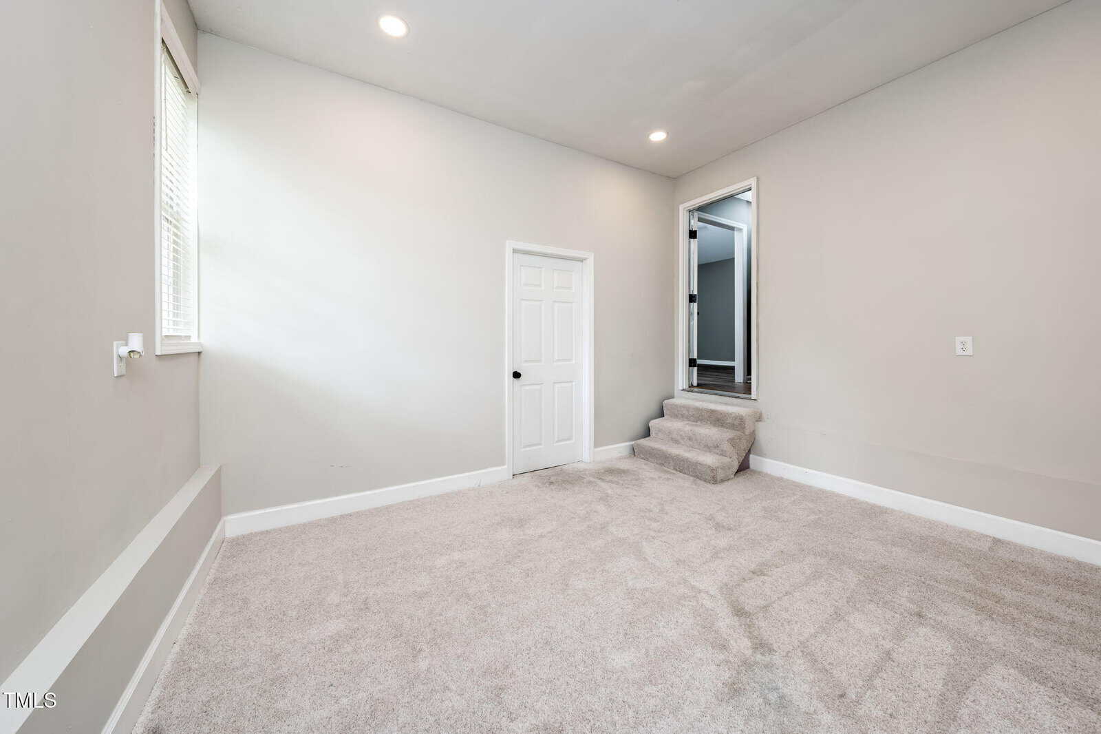 Empty room with light gray walls, beige carpet, a white door, and small stairs leading to another space. Two windows let in natural light. Ceiling has recessed lighting.