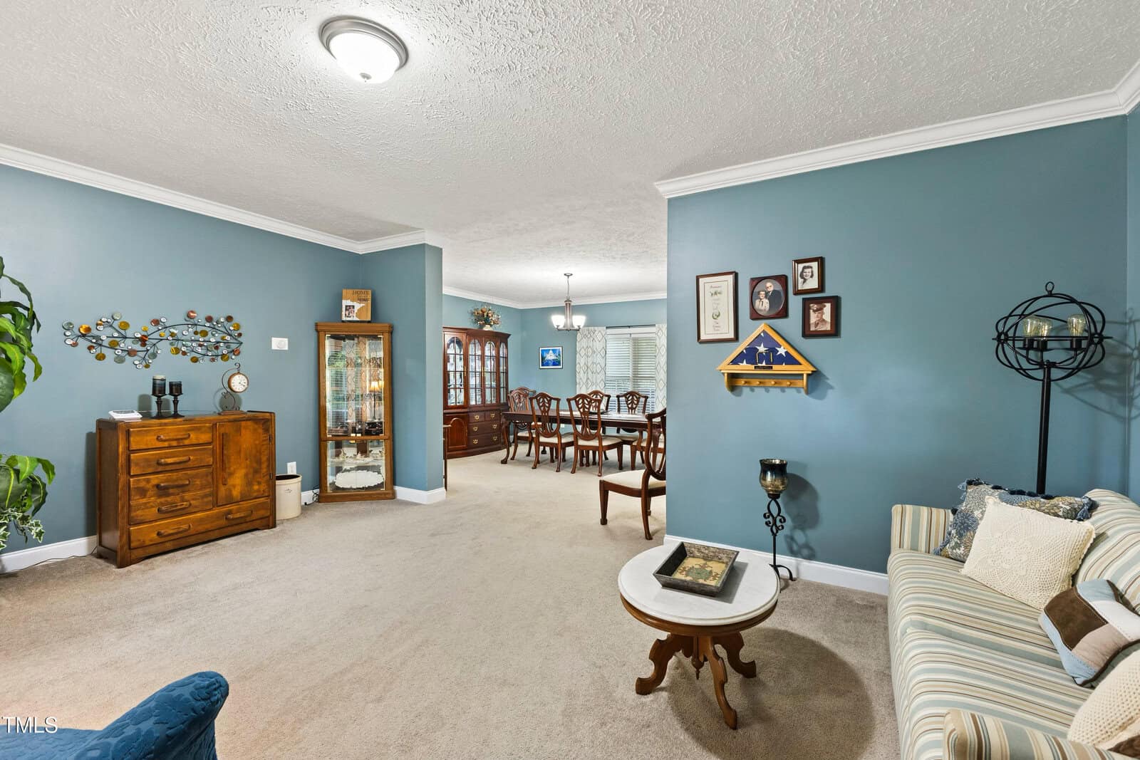 A living room with blue walls, beige carpet, a striped sofa, wooden furniture, wall art, and houseplants opens into a dining area with a table, chairs, china cabinet, and a window with blinds.