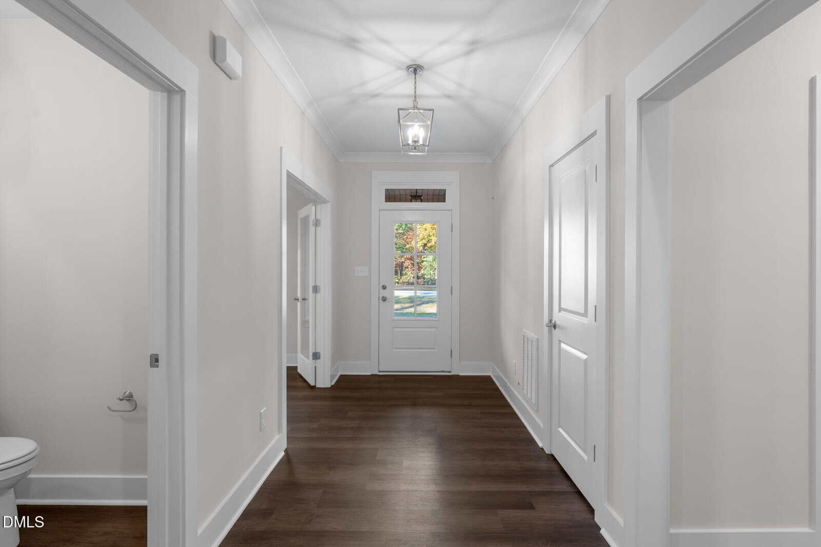 A bright, clean hallway with dark wood floors, white walls, multiple doorways, a light fixture on the ceiling, and a glass front door showing a view of trees outside.