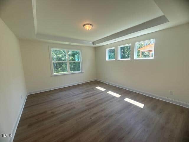 Bright, empty room with light-colored walls, large windows letting in sunlight, and wood-style flooring. Ceiling features a recessed tray design with a central light fixture.