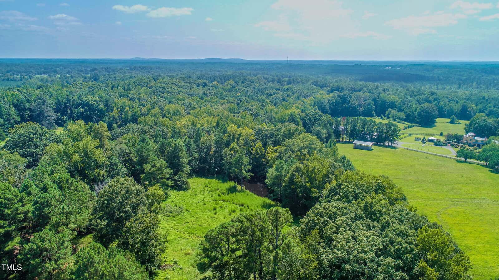 Aerial view of a large, wooded landscape with dense green trees, open grassy fields, a few scattered buildings, and distant hills under a mostly clear sky.