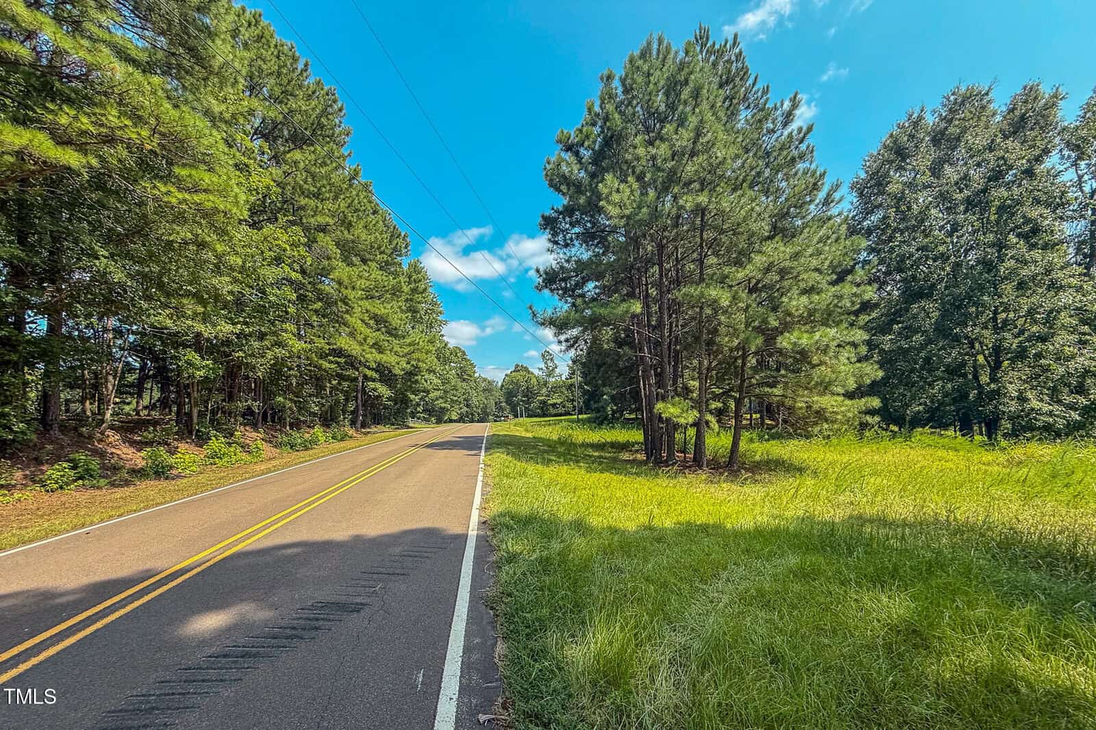 A two-lane road runs through a rural area lined with tall green trees and grassy fields under a bright blue sky with scattered clouds.